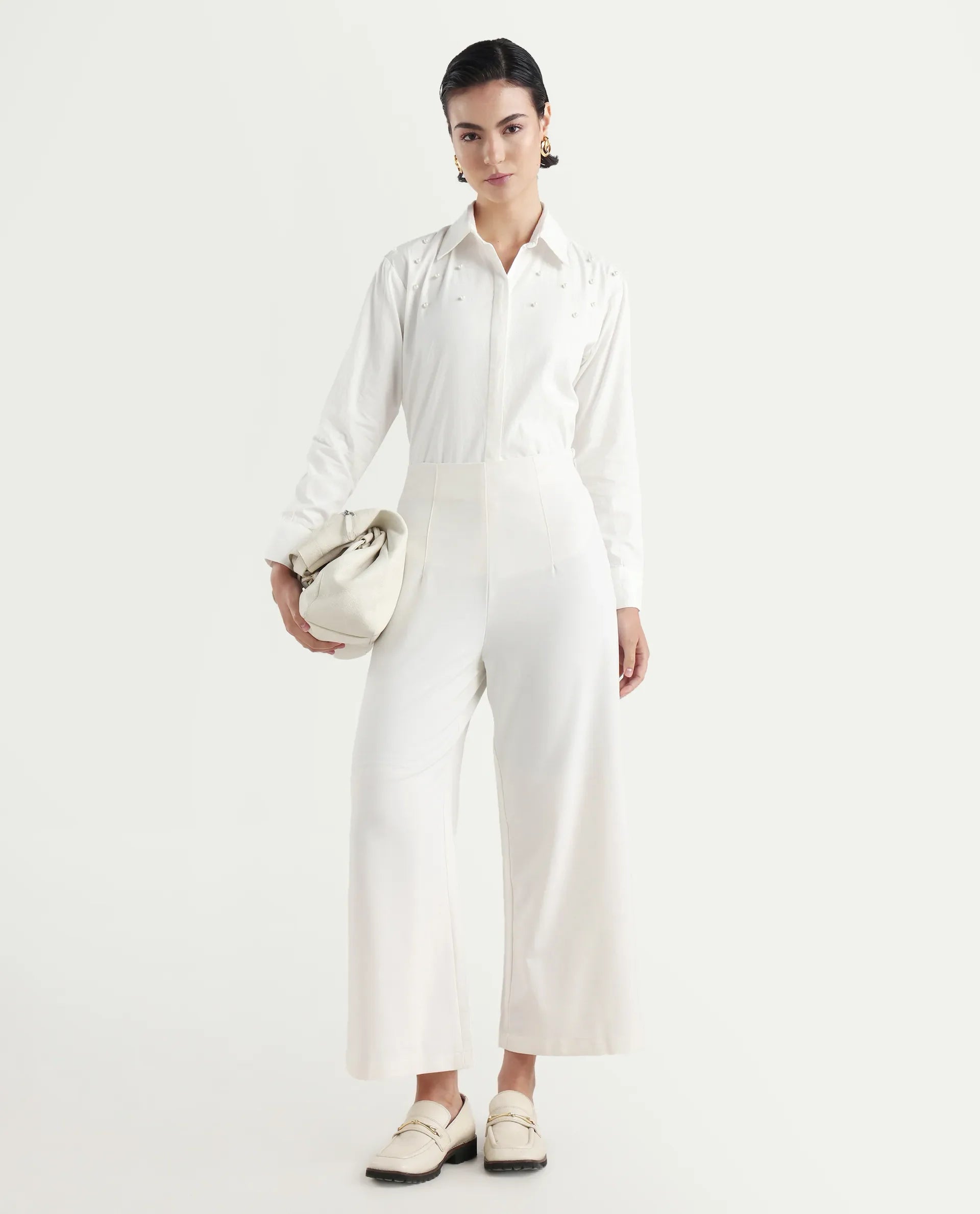 Rareism Women's Bhanik White Linen Spread Collar Plain Cuffed Sleeve Regular Fit Shirt