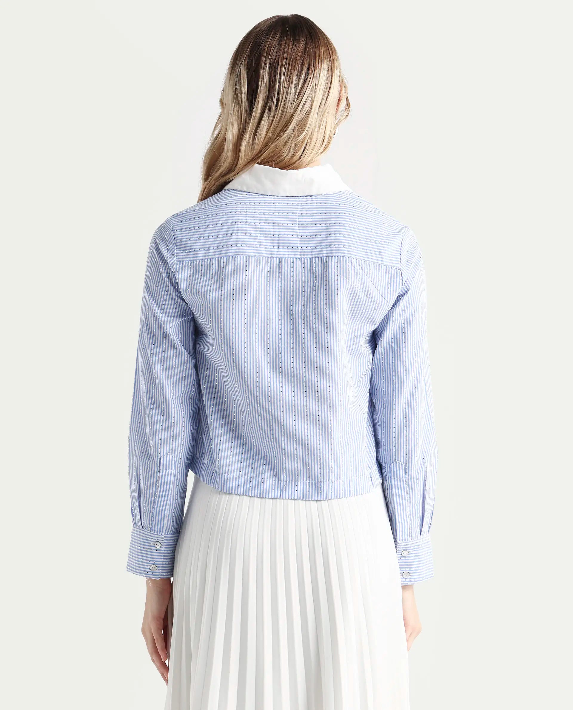 Rareism Women's Bharli Light Blue Cotton Spread Collar Striped Cuffed Sleeve Crop Regular Fit Shirt