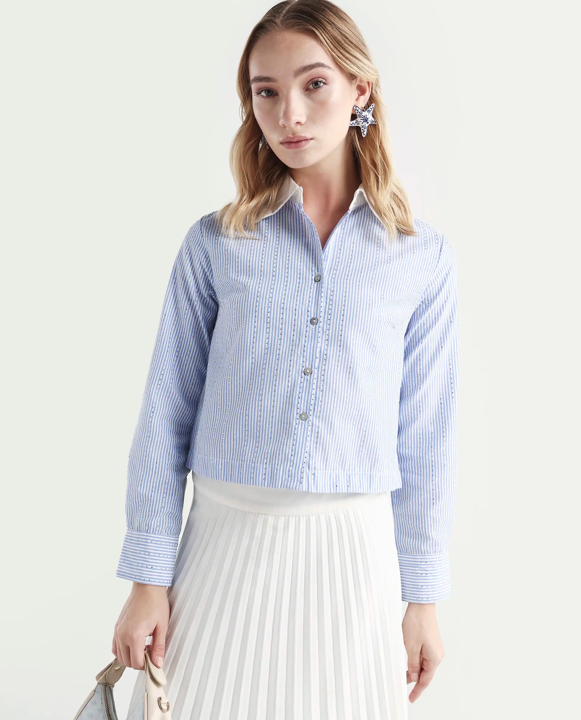 Rareism Women's Bharli Light Blue Cotton Spread Collar Striped Cuffed Sleeve Crop Regular Fit Shirt