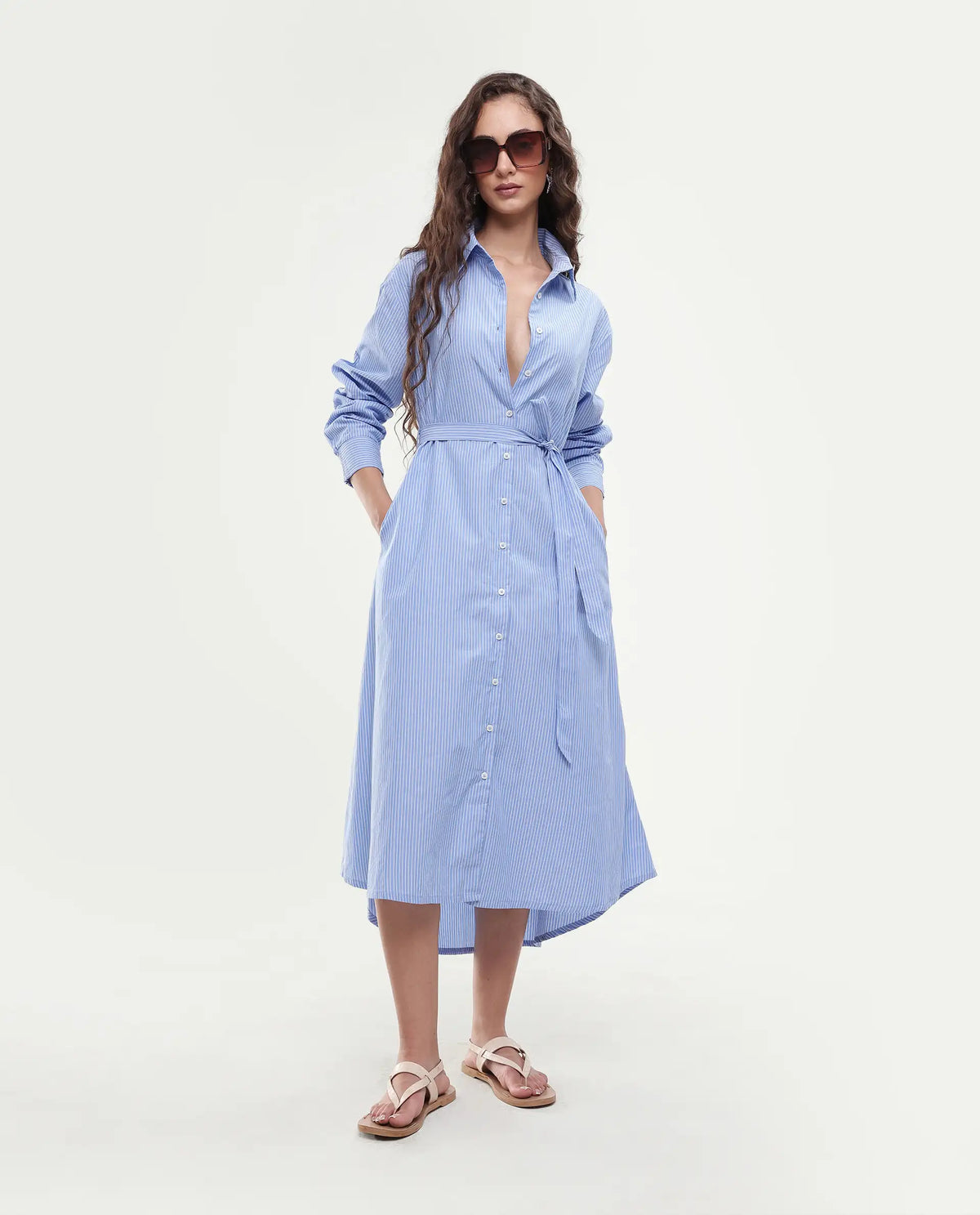 Rareism Women's Bharon Light Blue Cotton Spread Collar Striped Cuffed Sleeve Midi Straight Fit Dress