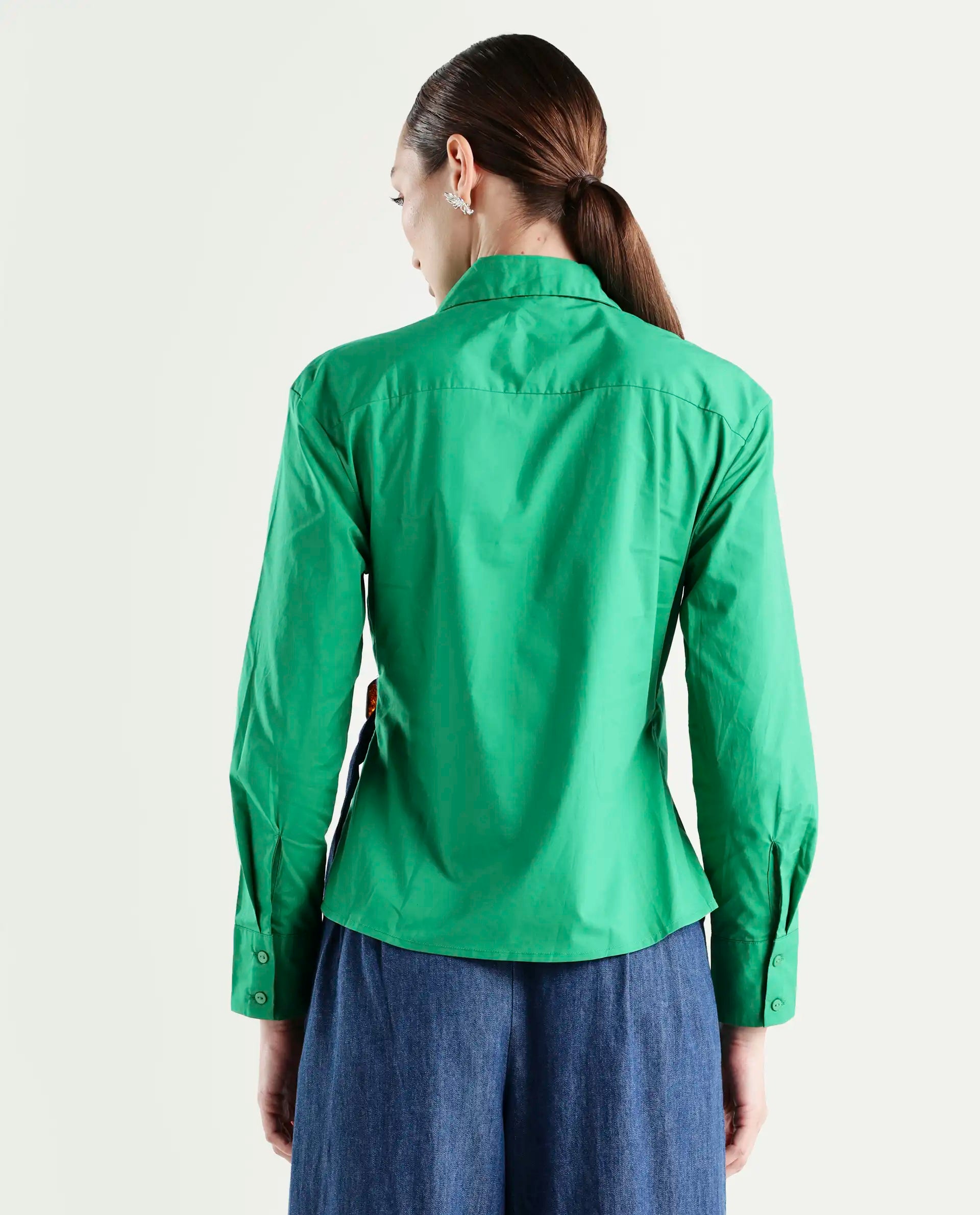 Rareism Women's Bhashio T Green Cotton Spread Collar Plain Cuffed Sleeve Relaxed Fit Shirt