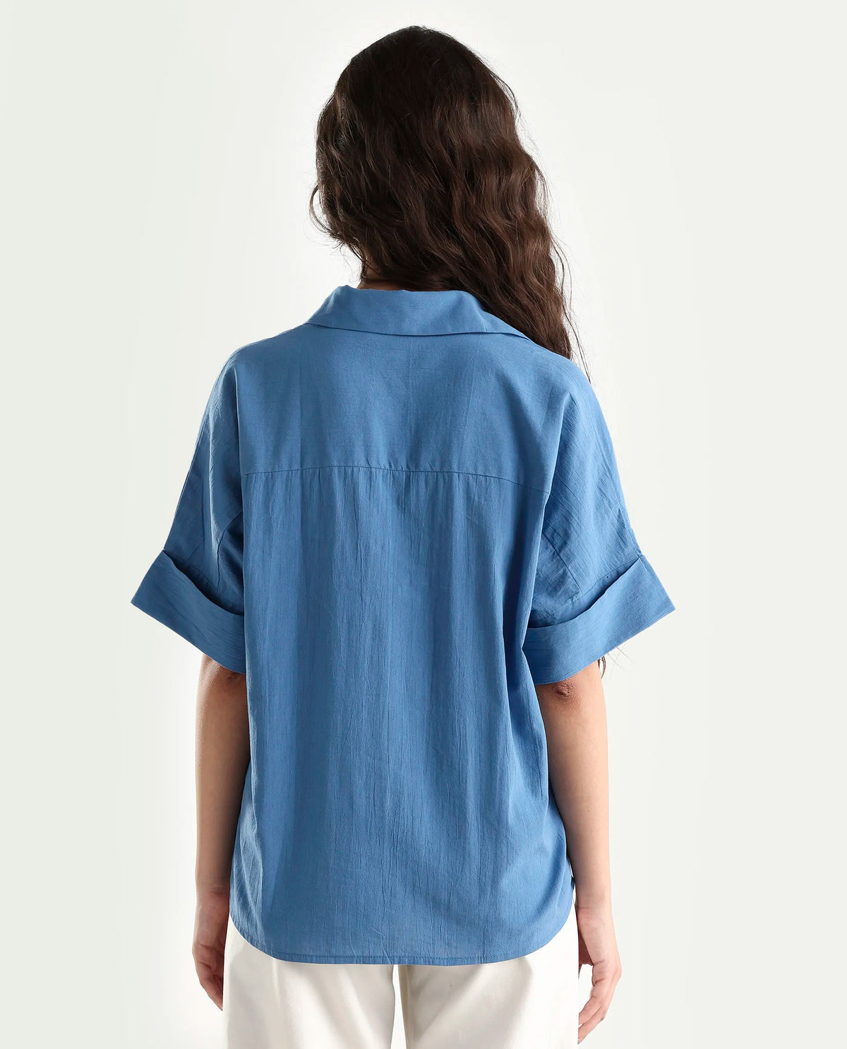 Rareism Women's Bhayas Blue Cotton Johnny Collar Plain Extended Sleeves Boxy Fit Top