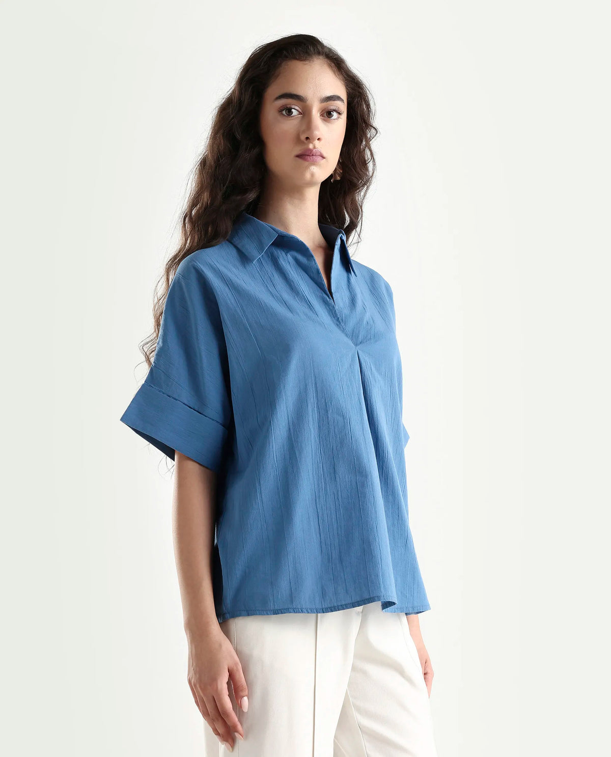 Rareism Women's Bhayas Blue Cotton Johnny Collar Plain Extended Sleeves Boxy Fit Top