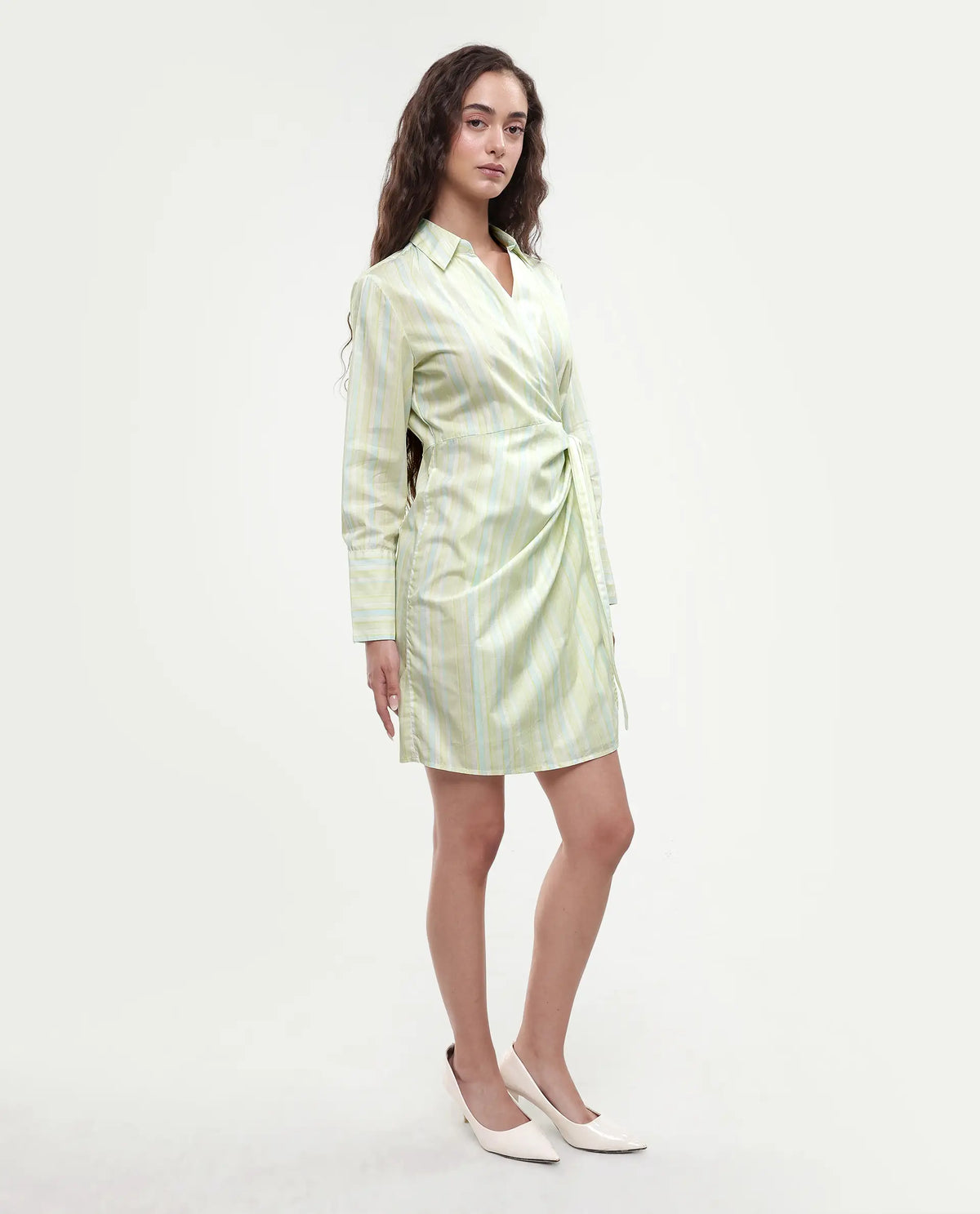 Rareism Women's Pregun Multi Cotton Johnny Collar Striped Mini Straight Fit Dress
