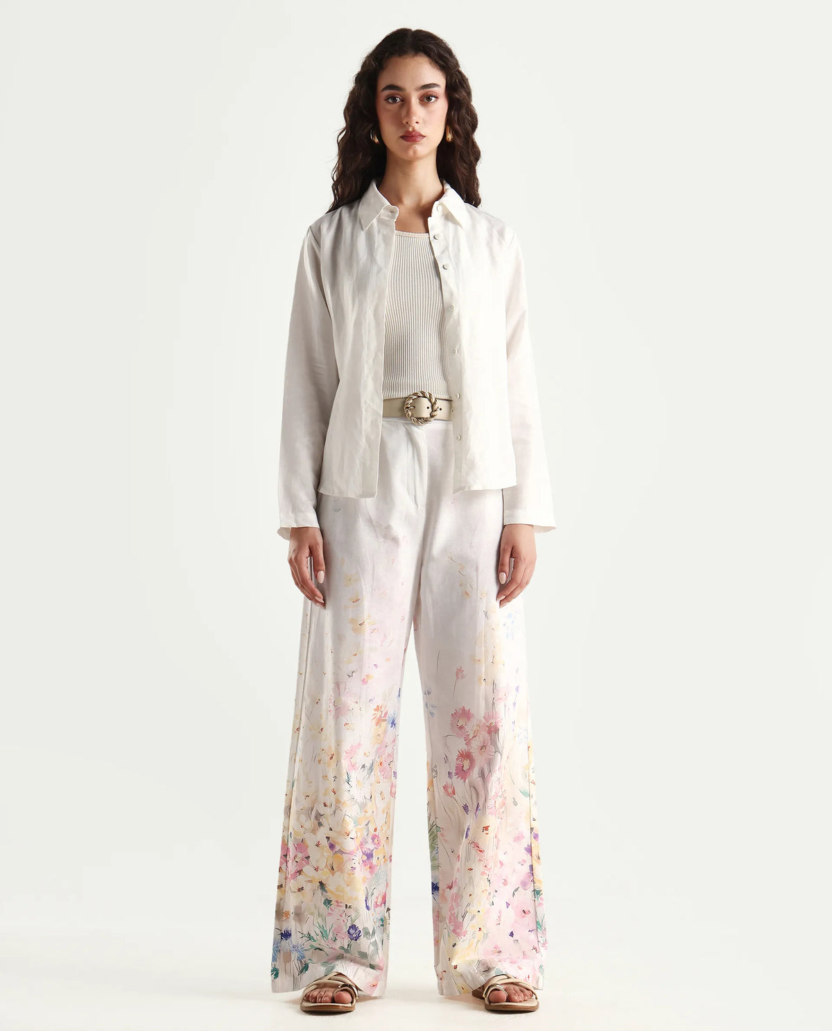 Rareism Women's Prejino White Cotton Floral Print Ankle Length Straight Fit Trouser