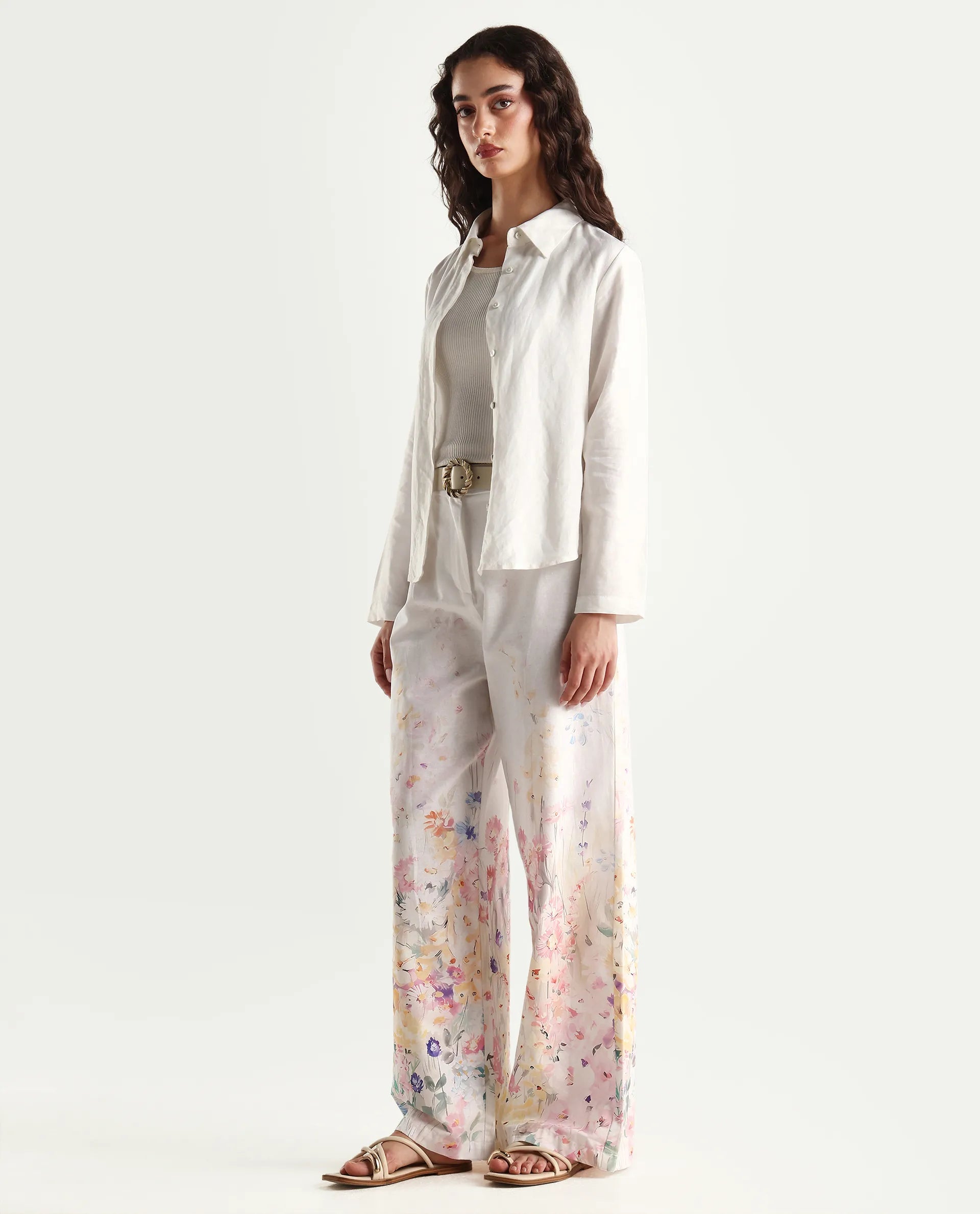 Rareism Women's Prejino White Cotton Floral Print Ankle Length Straight Fit Trouser