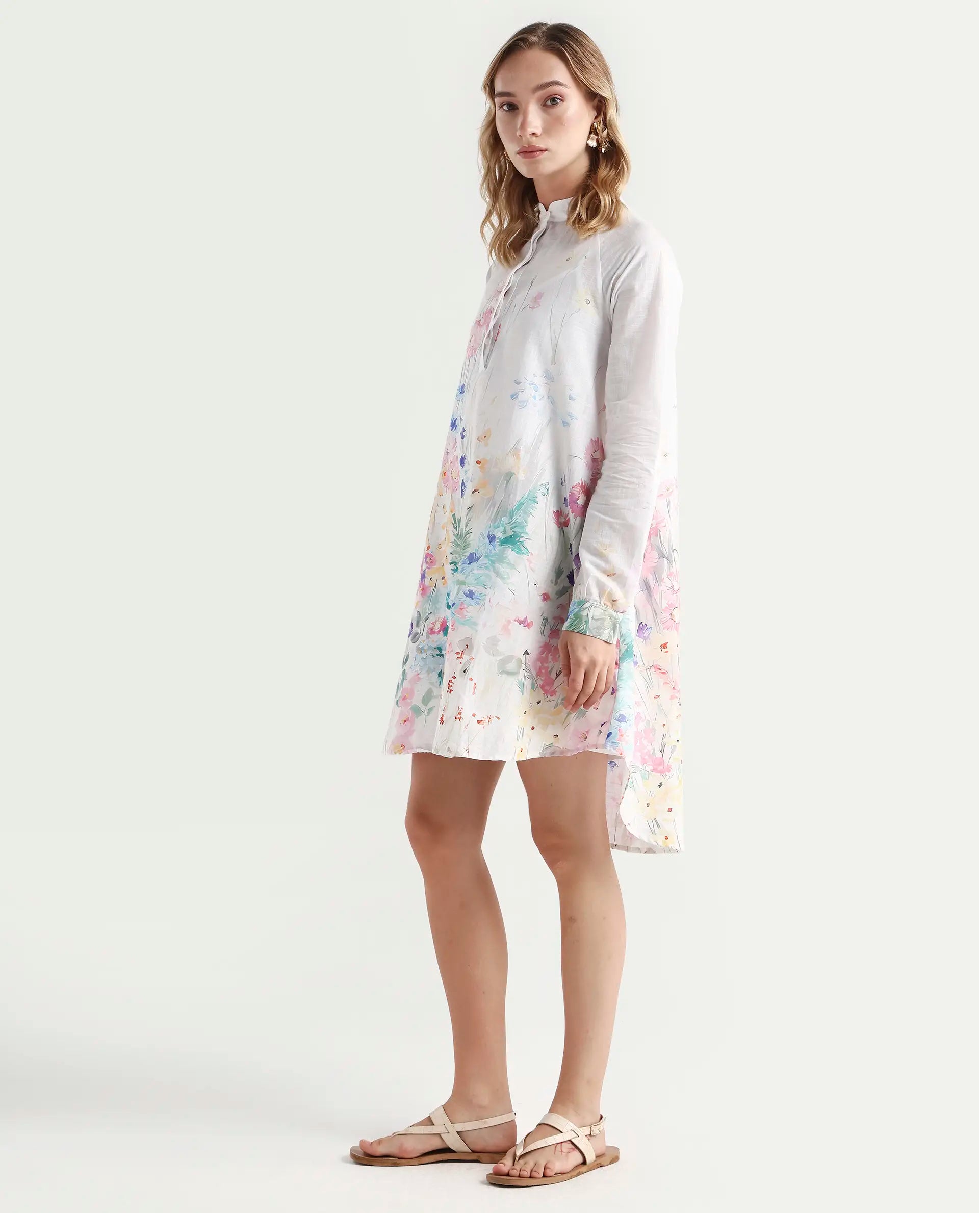 Rareism Women's Prekli Multi Cotton Mandarin Collar Floral Print Extended Sleeves Mini Flared Dress