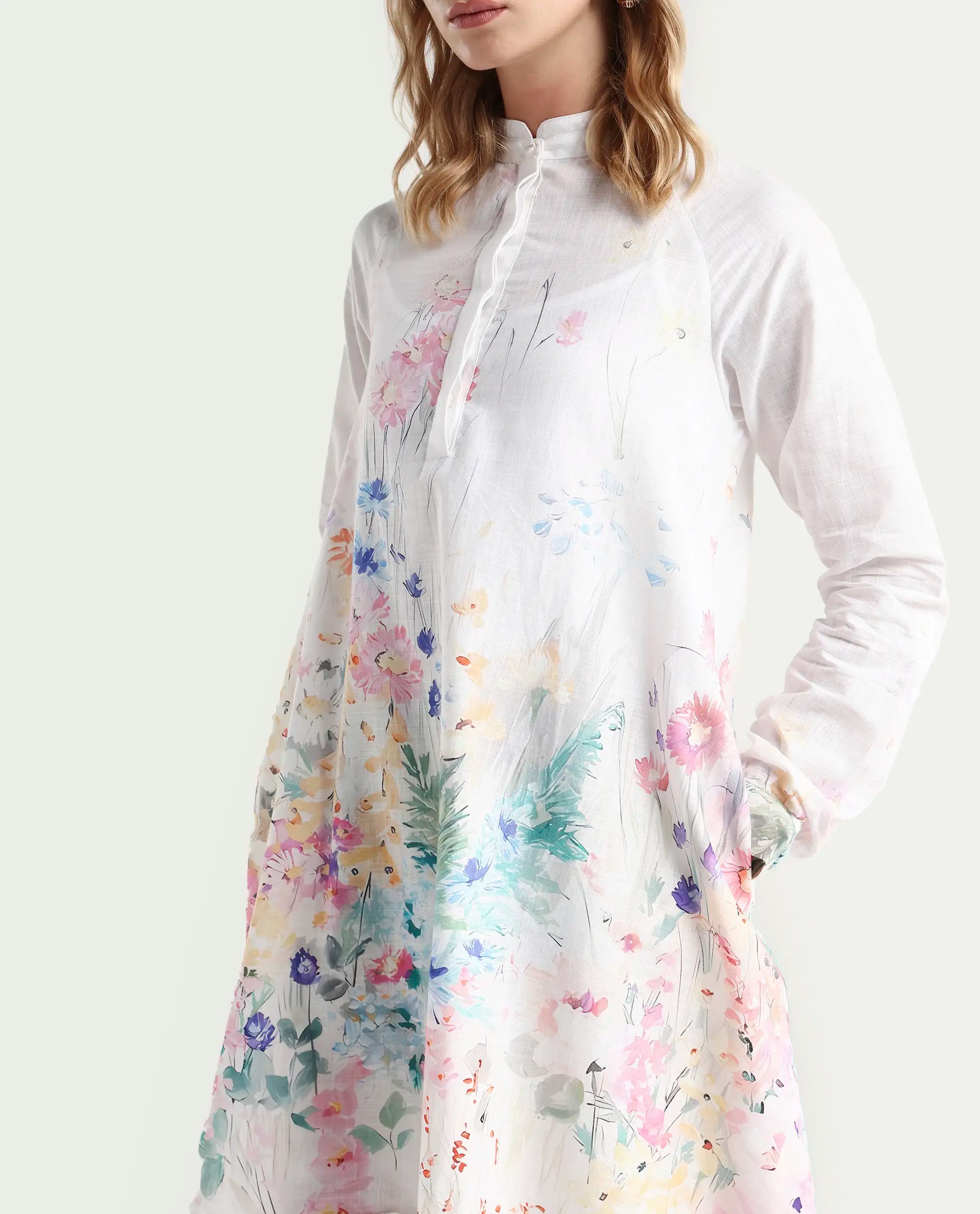 Rareism Women's Prekli Multi Cotton Mandarin Collar Floral Print Extended Sleeves Mini Flared Dress