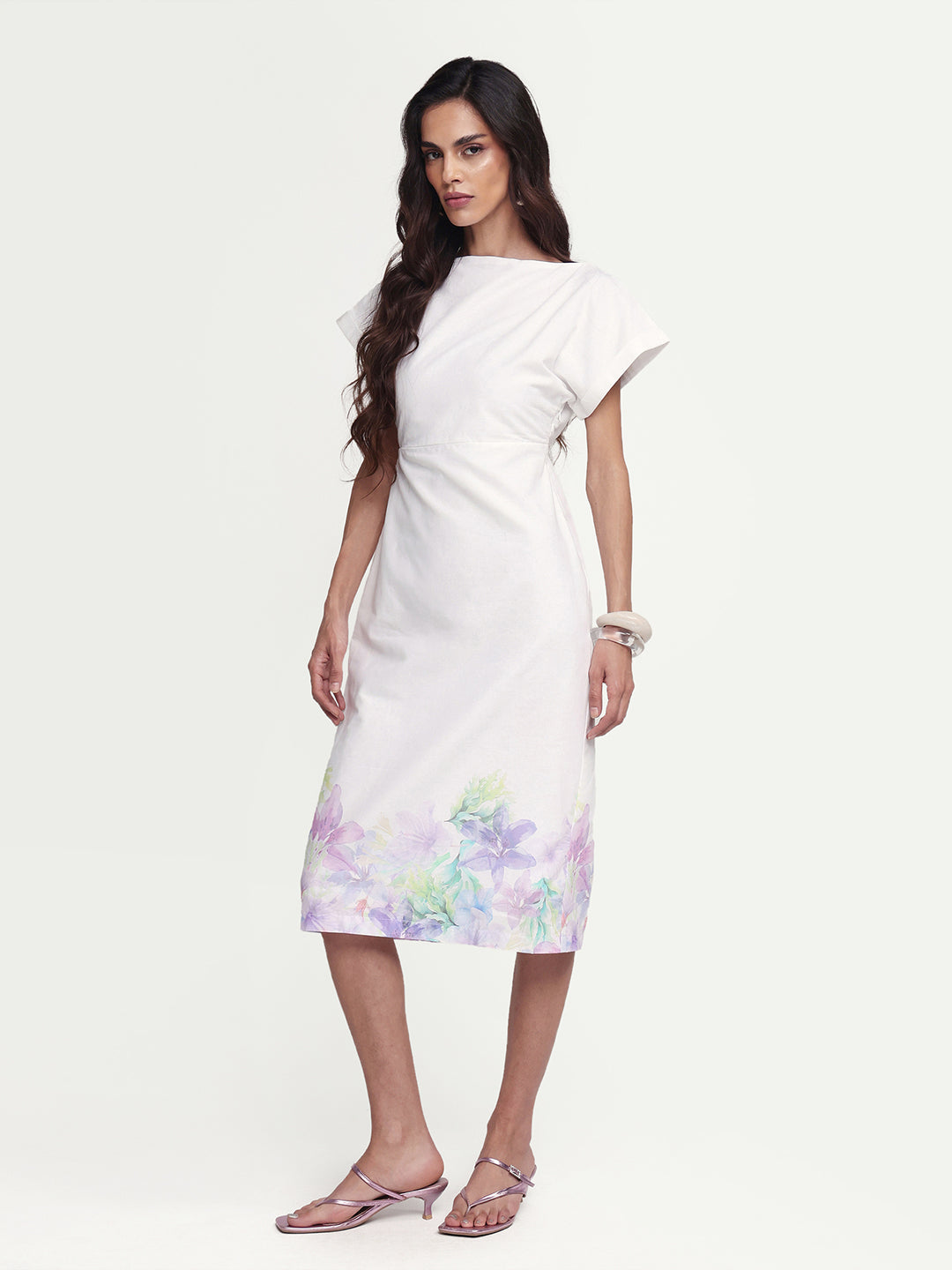 Rareism Women's Prelor White Cotton Boat Neck Floral Print Extended Sleeves Midi Straight Fit Dress