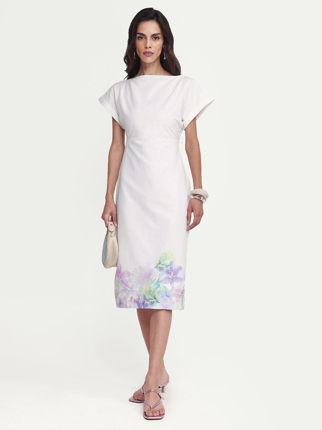 Rareism Women's Prelor White Cotton Boat Neck Floral Print Extended Sleeves Midi Straight Fit Dress