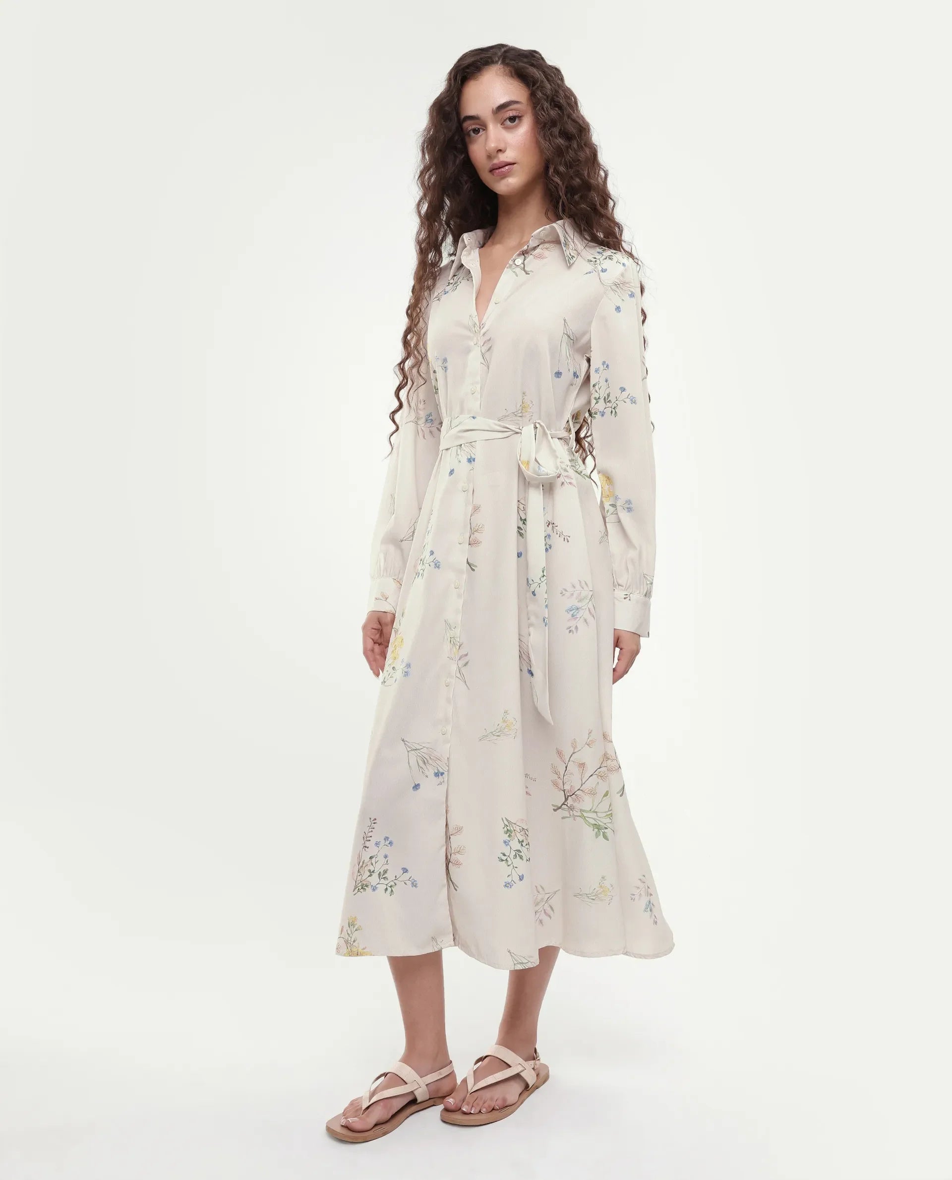 Rareism Women's Presho Multi Polyester Overlap Neck Floral Print Bishop Sleeve Maxi Fit And Flare Dress