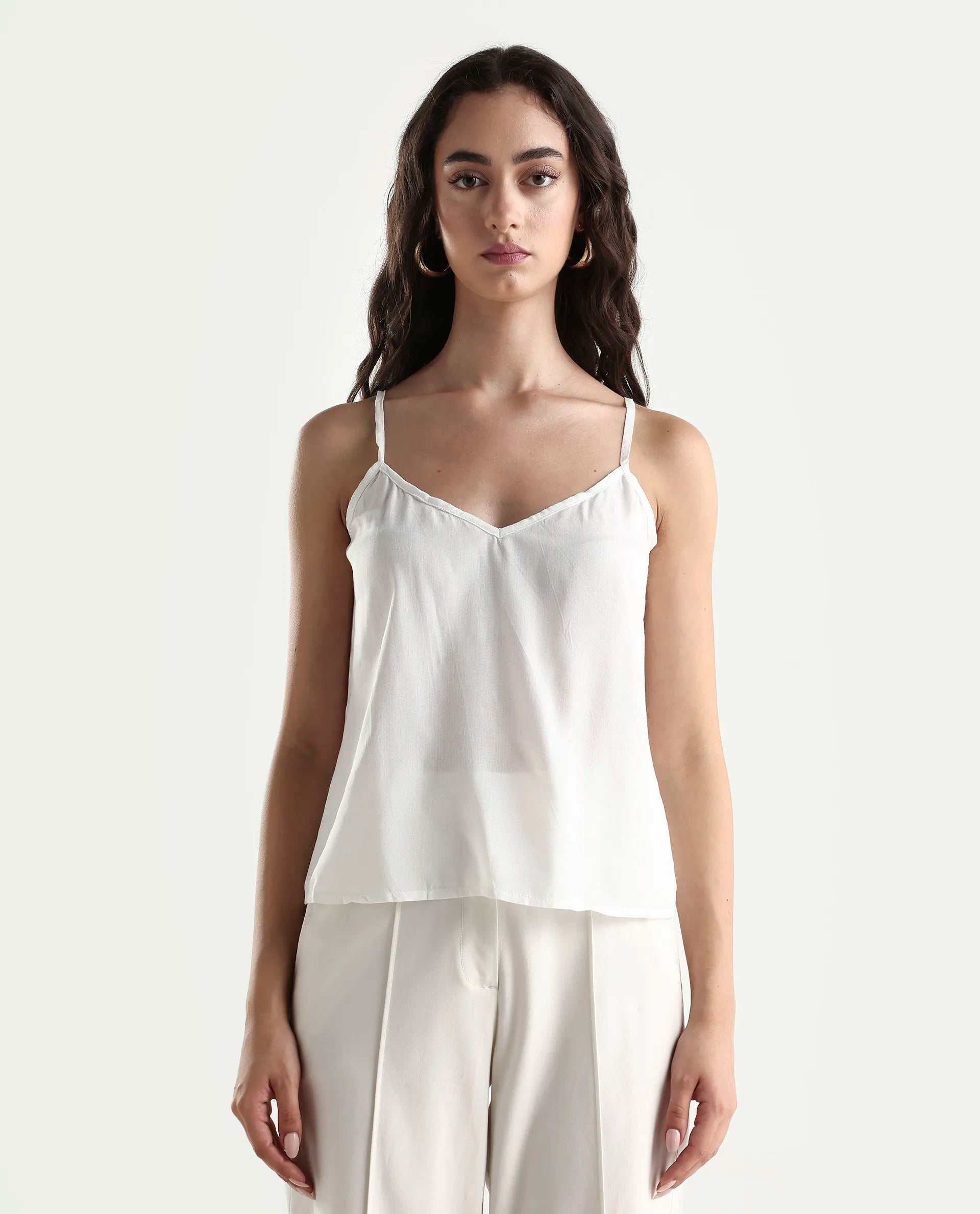 Rareism Women's Prevan White Polyester Round Neck Plain Bishop Sleeve Regular Fit Top