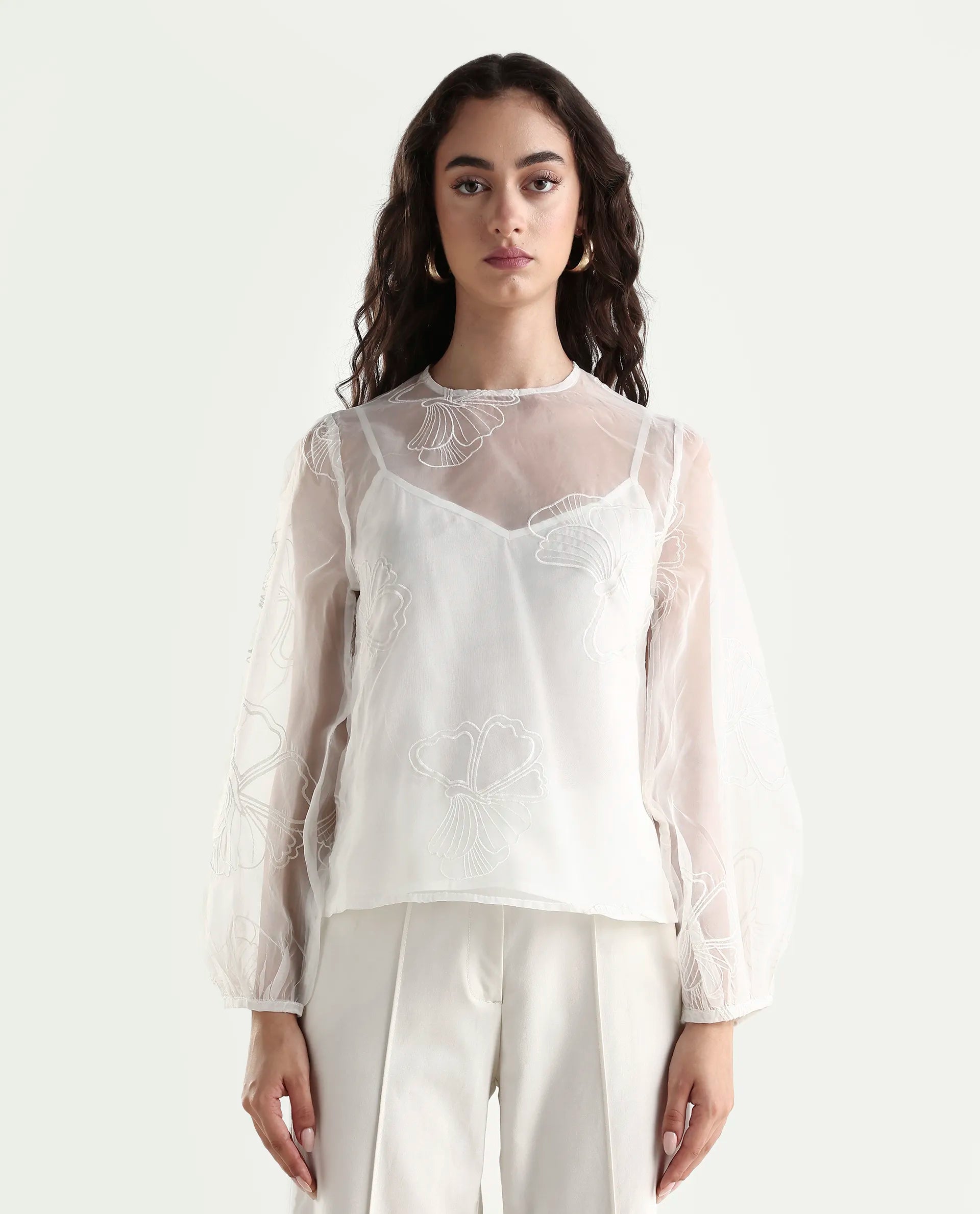 Rareism Women's Prevan White Polyester Round Neck Plain Bishop Sleeve Regular Fit Top