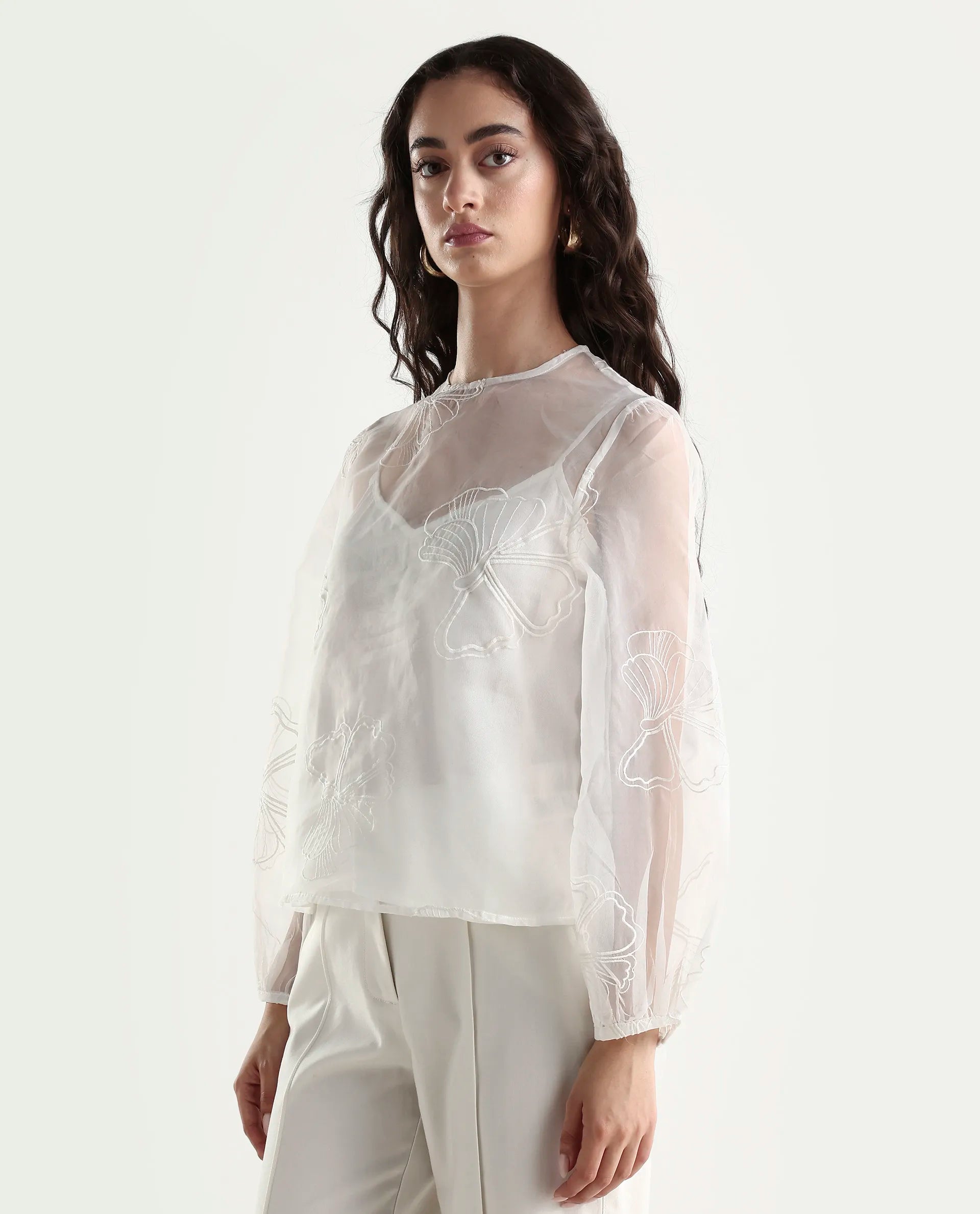 Rareism Women's Prevan White Polyester Round Neck Plain Bishop Sleeve Regular Fit Top