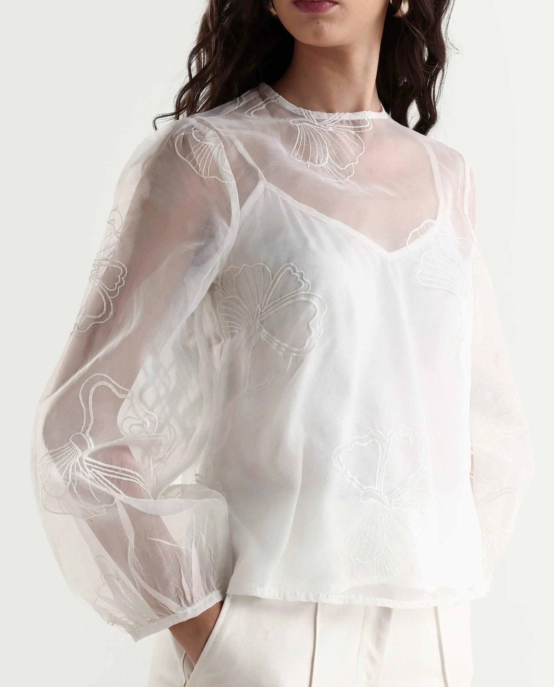 Rareism Women's Prevan White Polyester Round Neck Plain Bishop Sleeve Regular Fit Top