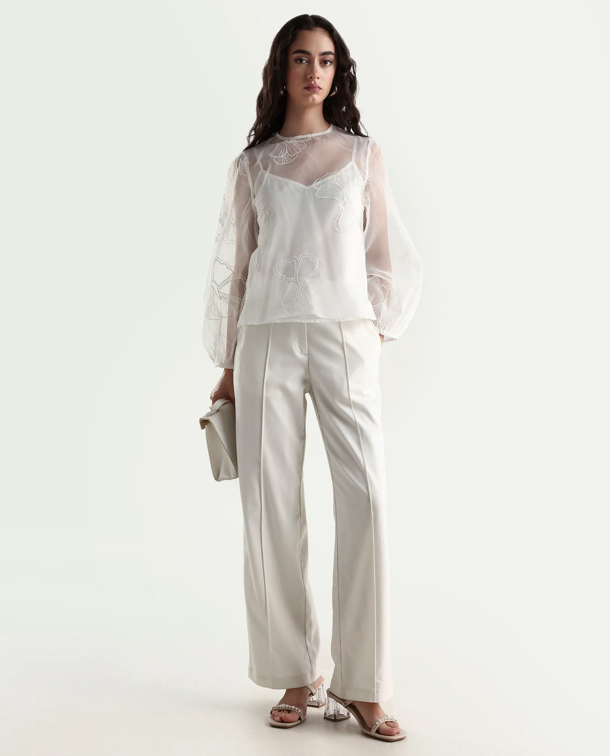Rareism Women's Prevan White Polyester Round Neck Plain Bishop Sleeve Regular Fit Top