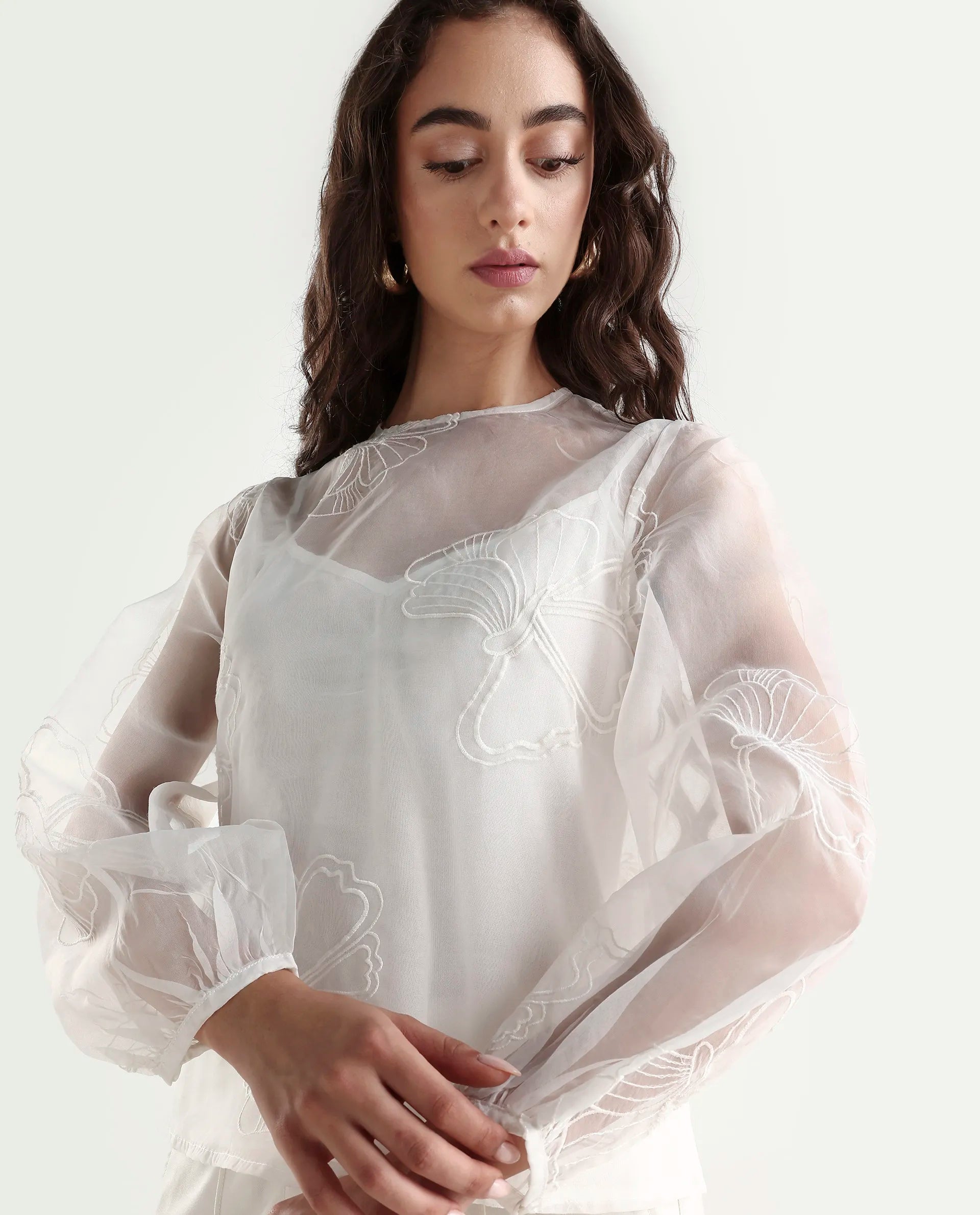 Rareism Women's Prevan White Polyester Round Neck Plain Bishop Sleeve Regular Fit Top