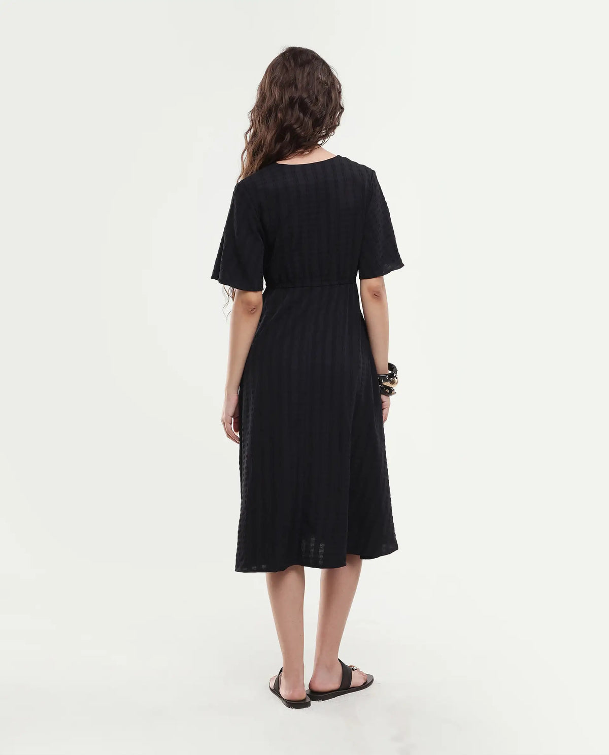 Rareism Women's Airin Black Polyester Half Sleeve V-Neck Flared Dress