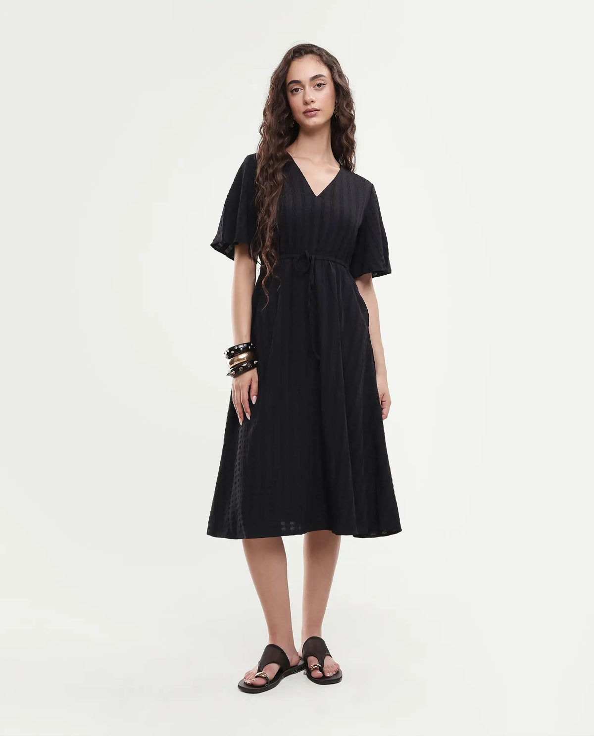 Rareism Women's Airin Black Polyester Half Sleeve V-Neck Flared Dress