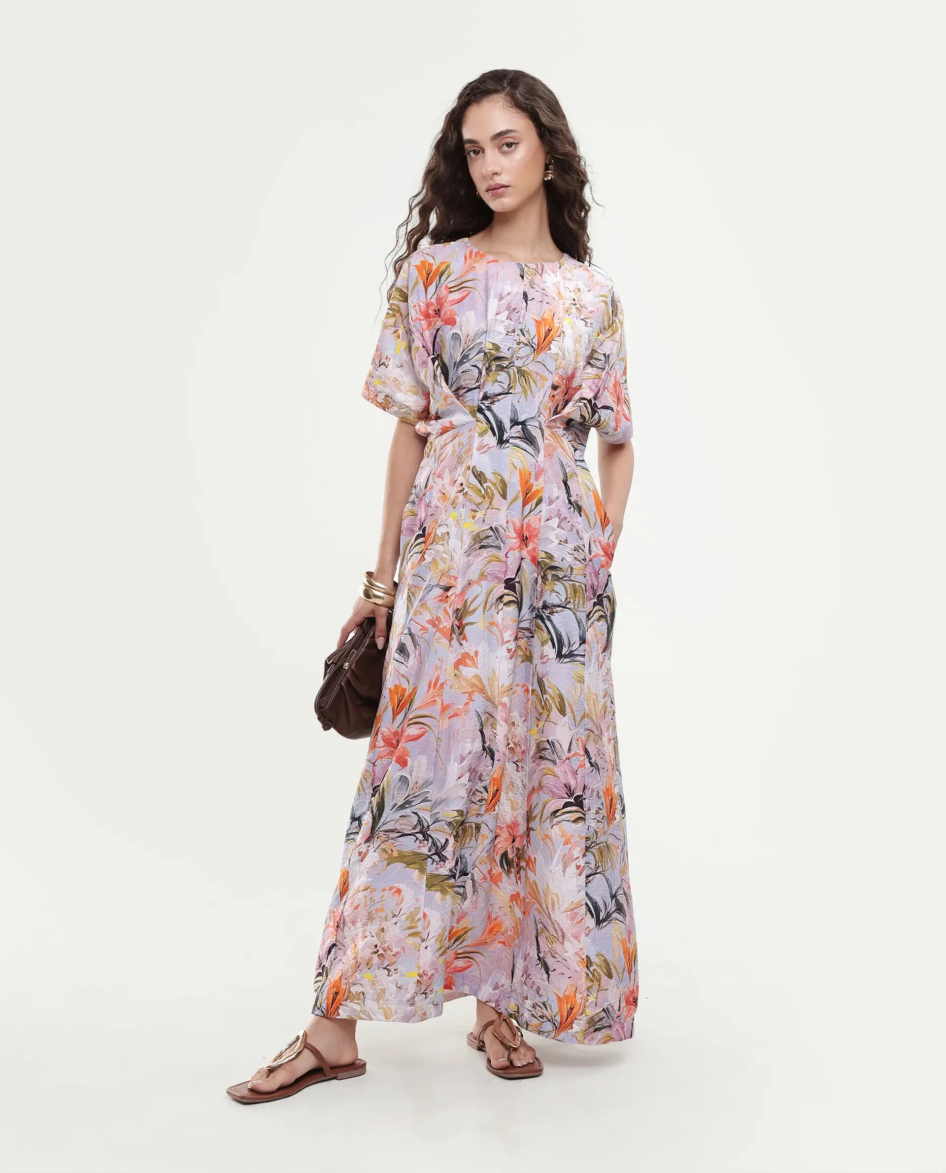 Rareism Women's Arona Multi Viscose Blend Half Sleeve Crew Neck Flared Dress