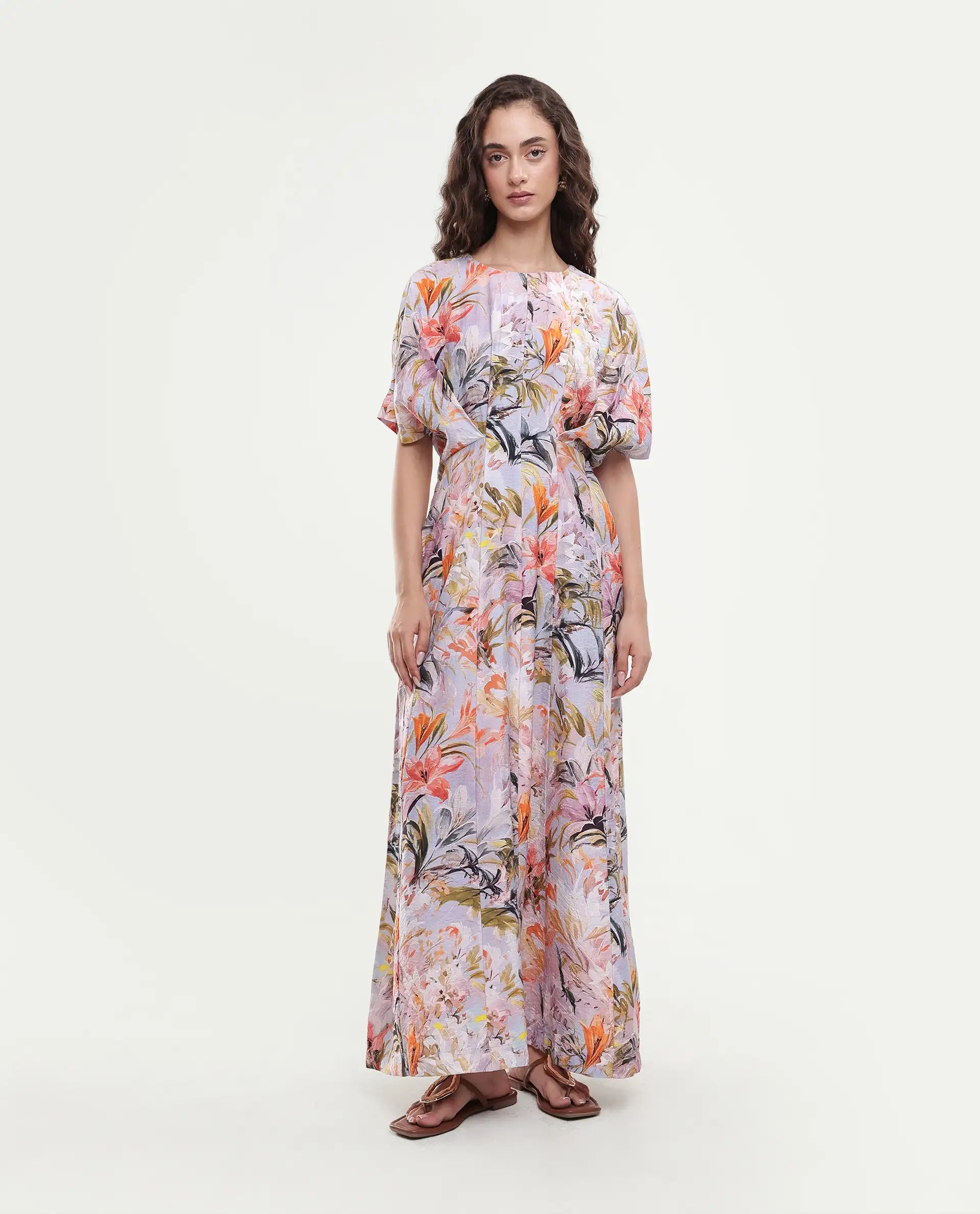 Rareism Women's Arona Multi Viscose Blend Half Sleeve Crew Neck Flared Dress