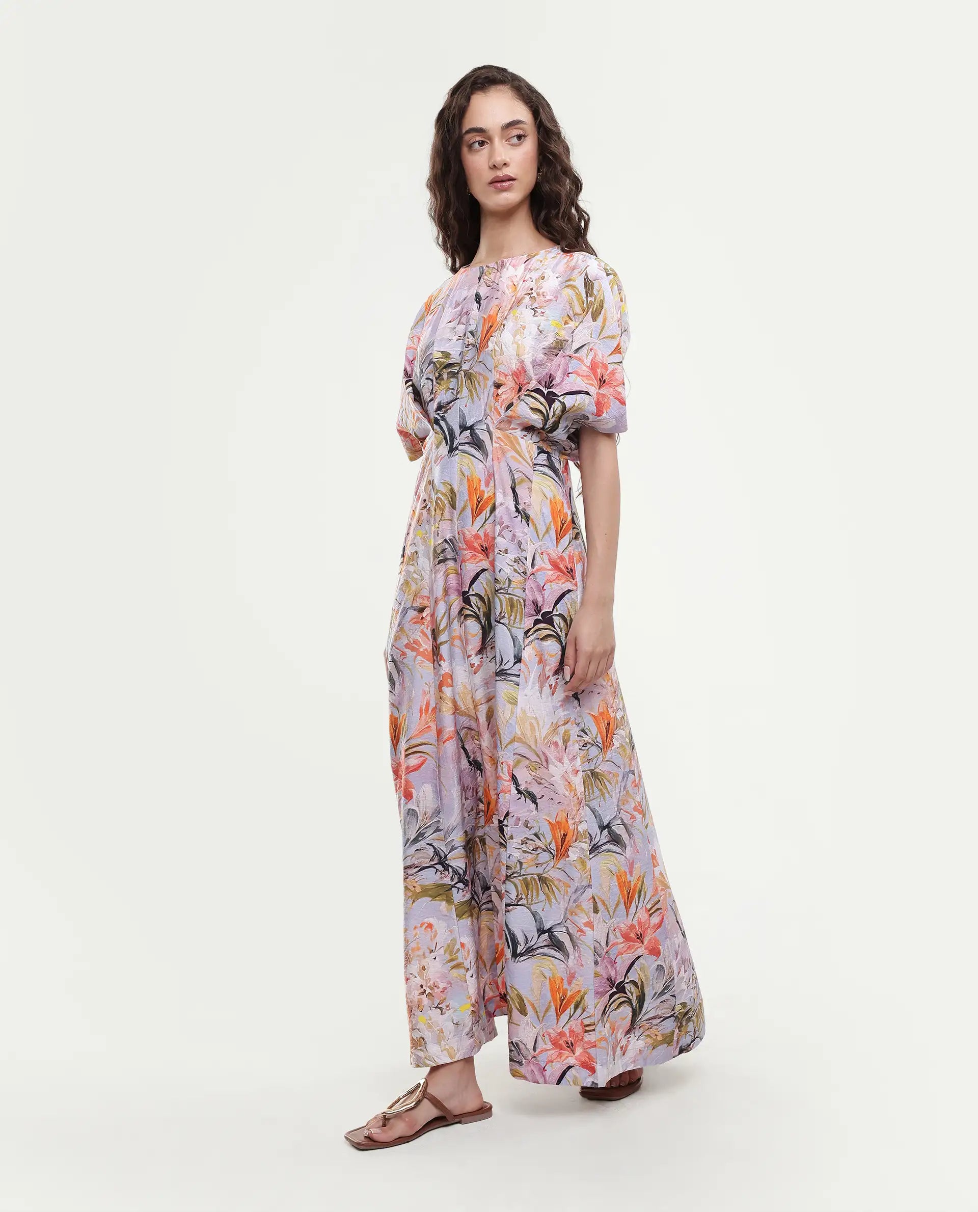 Rareism Women's Arona Multi Viscose Blend Half Sleeve Crew Neck Flared Dress