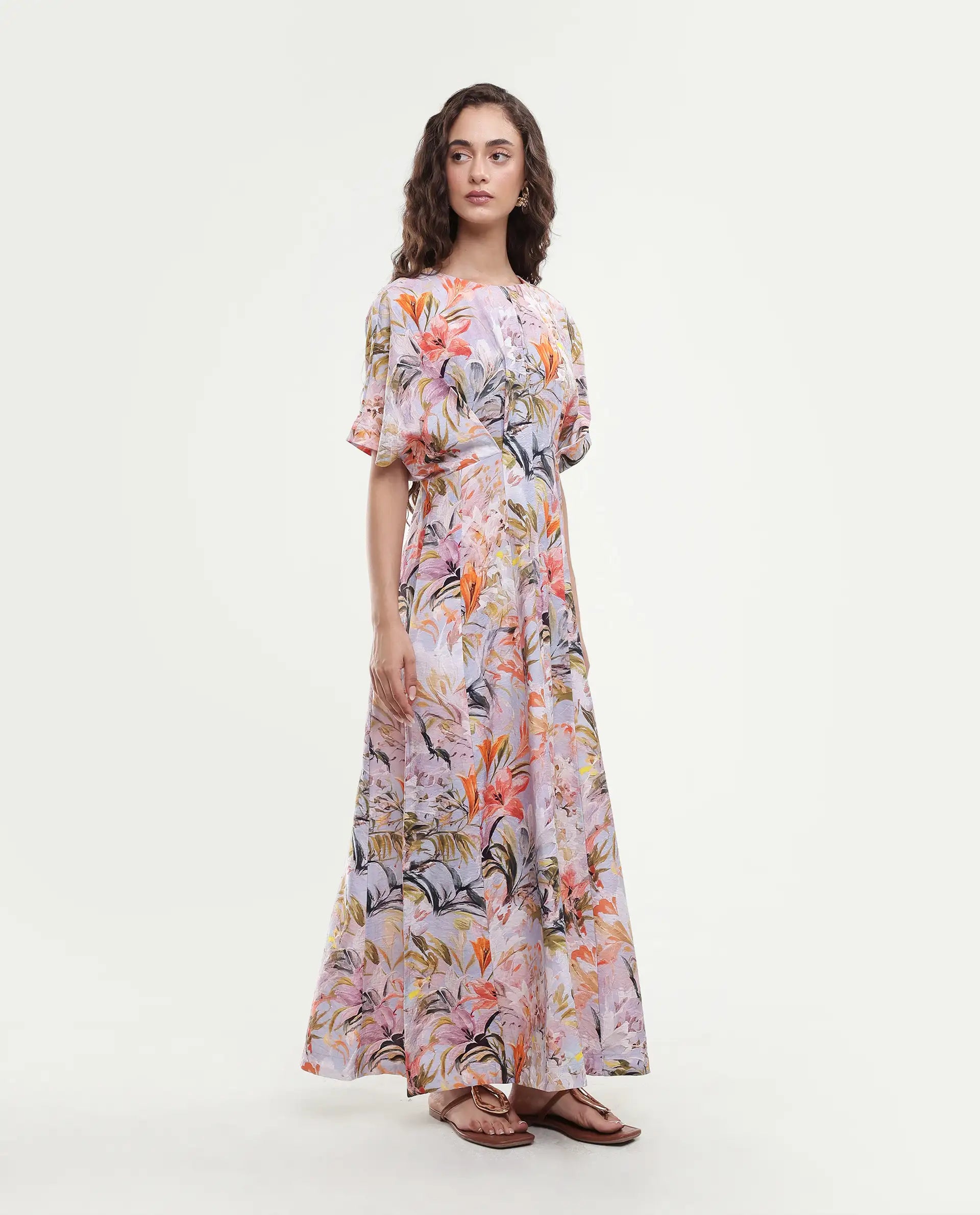 Rareism Women's Arona Multi Viscose Blend Half Sleeve Crew Neck Flared Dress