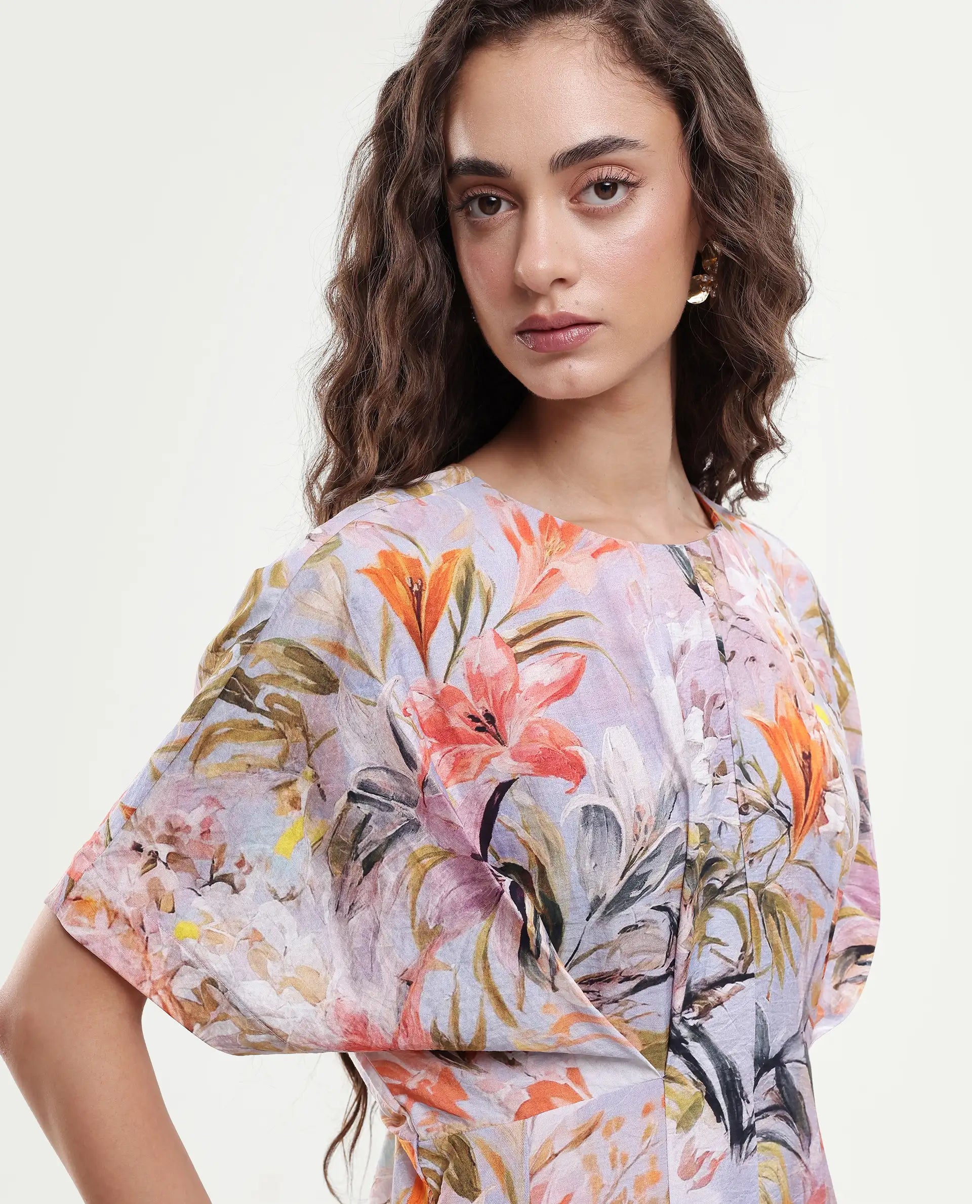 Rareism Women's Arona Multi Viscose Blend Half Sleeve Crew Neck Flared Dress