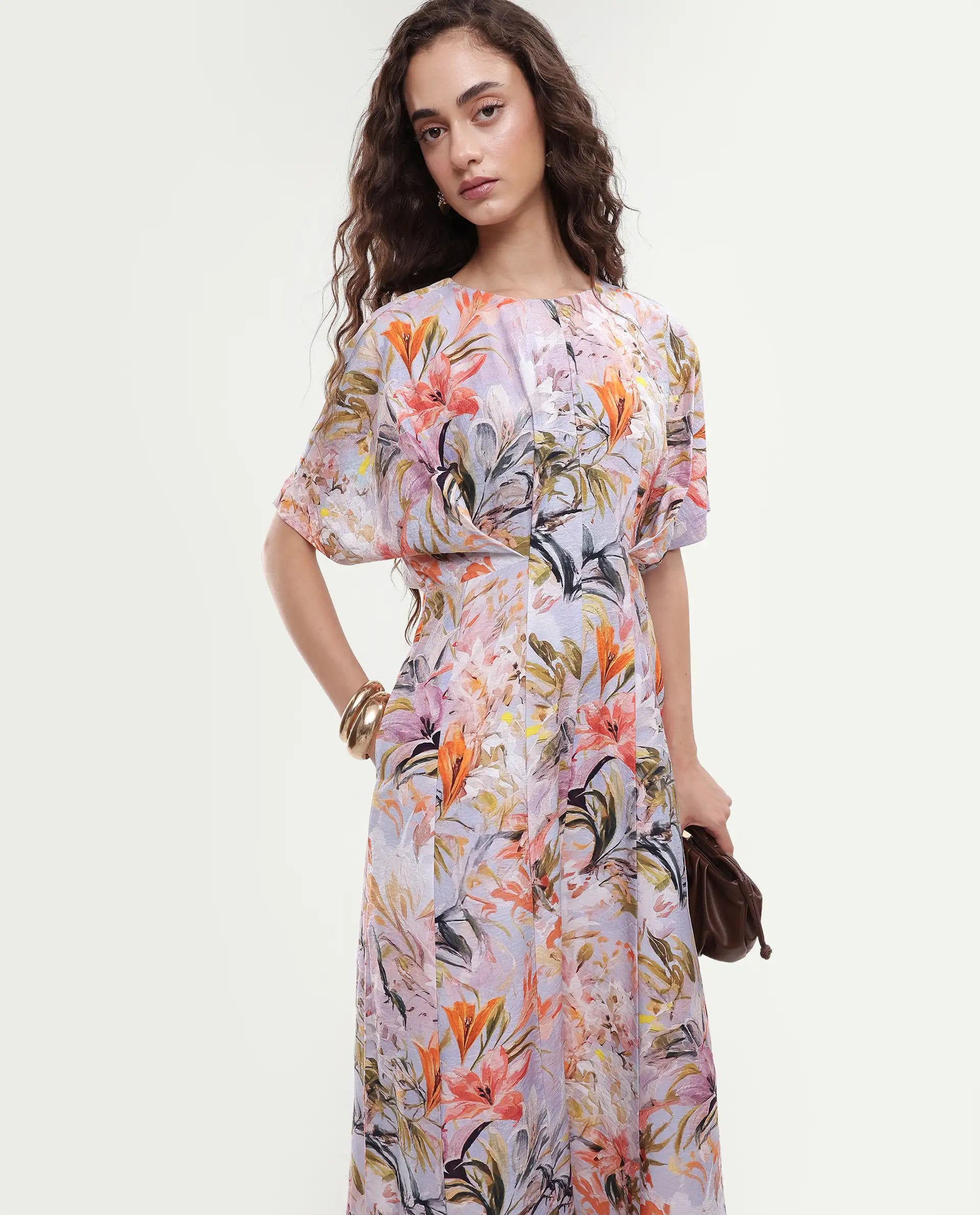 Rareism Women's Arona Multi Viscose Blend Half Sleeve Crew Neck Flared Dress
