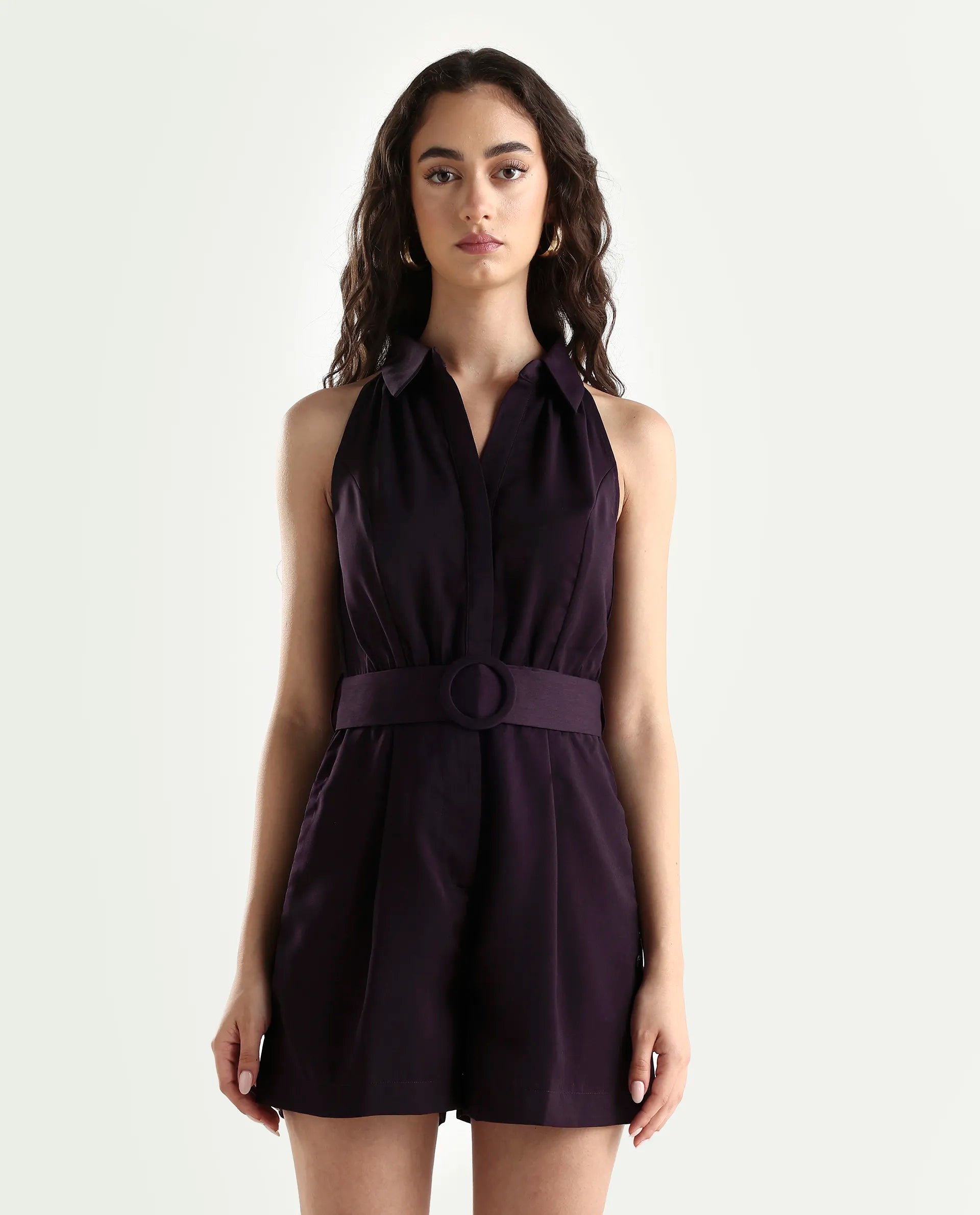 Rareism Women's Aless Maroon Satin Halter Neck Plain Sleeveless Mini Regular Fit Dress