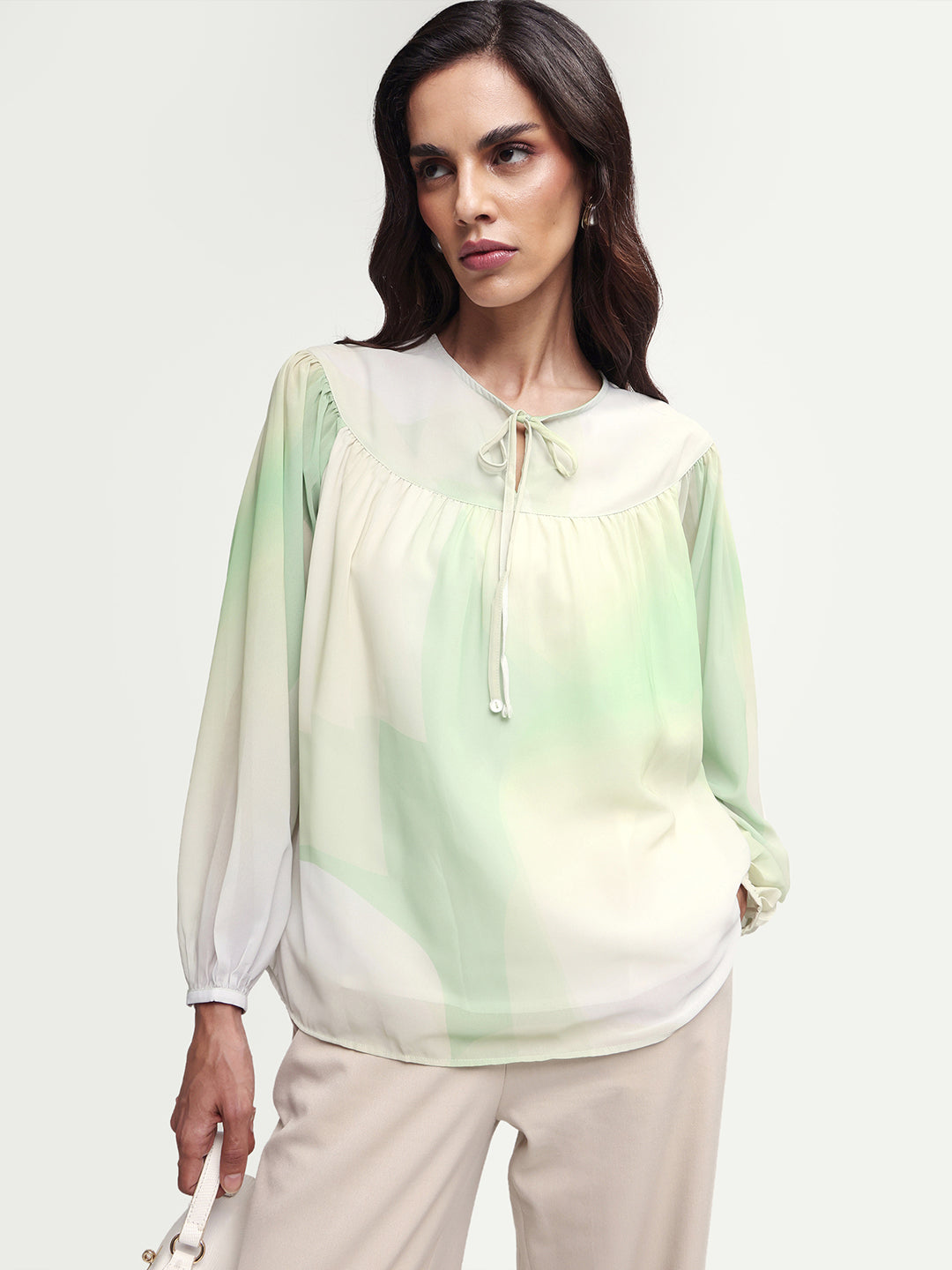 Rareism Women's Cotton Blend Crew Neck Abstract Print Balloon Sleeve Relaxed Fit Top