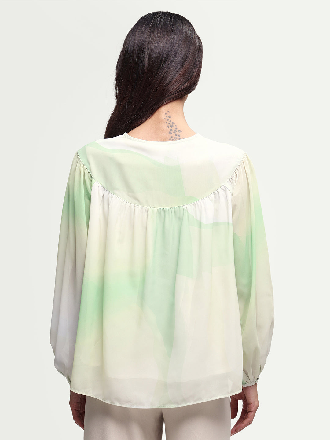 Rareism Women's Cotton Blend Crew Neck Abstract Print Balloon Sleeve Relaxed Fit Top