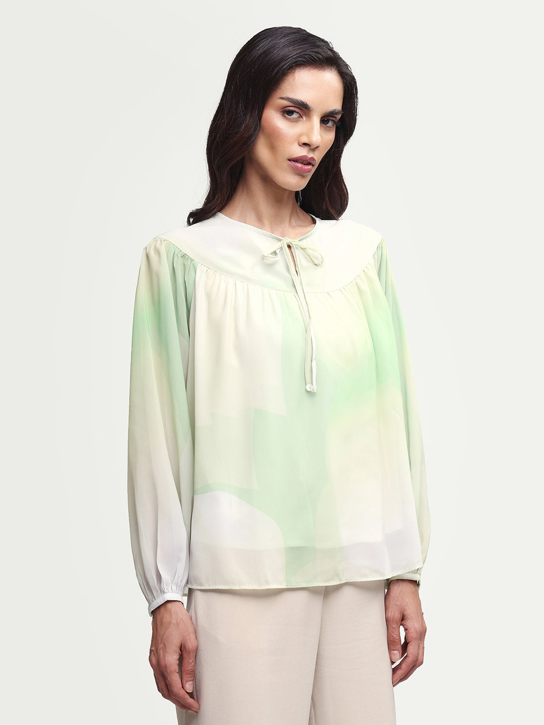 Rareism Women's Cotton Blend Crew Neck Abstract Print Balloon Sleeve Relaxed Fit Top
