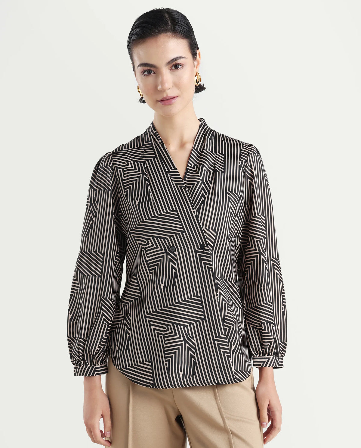Rareism Women's Alie Black Satin Overlap Neck Geometric Print Bishop Sleeve Regular Fit Top