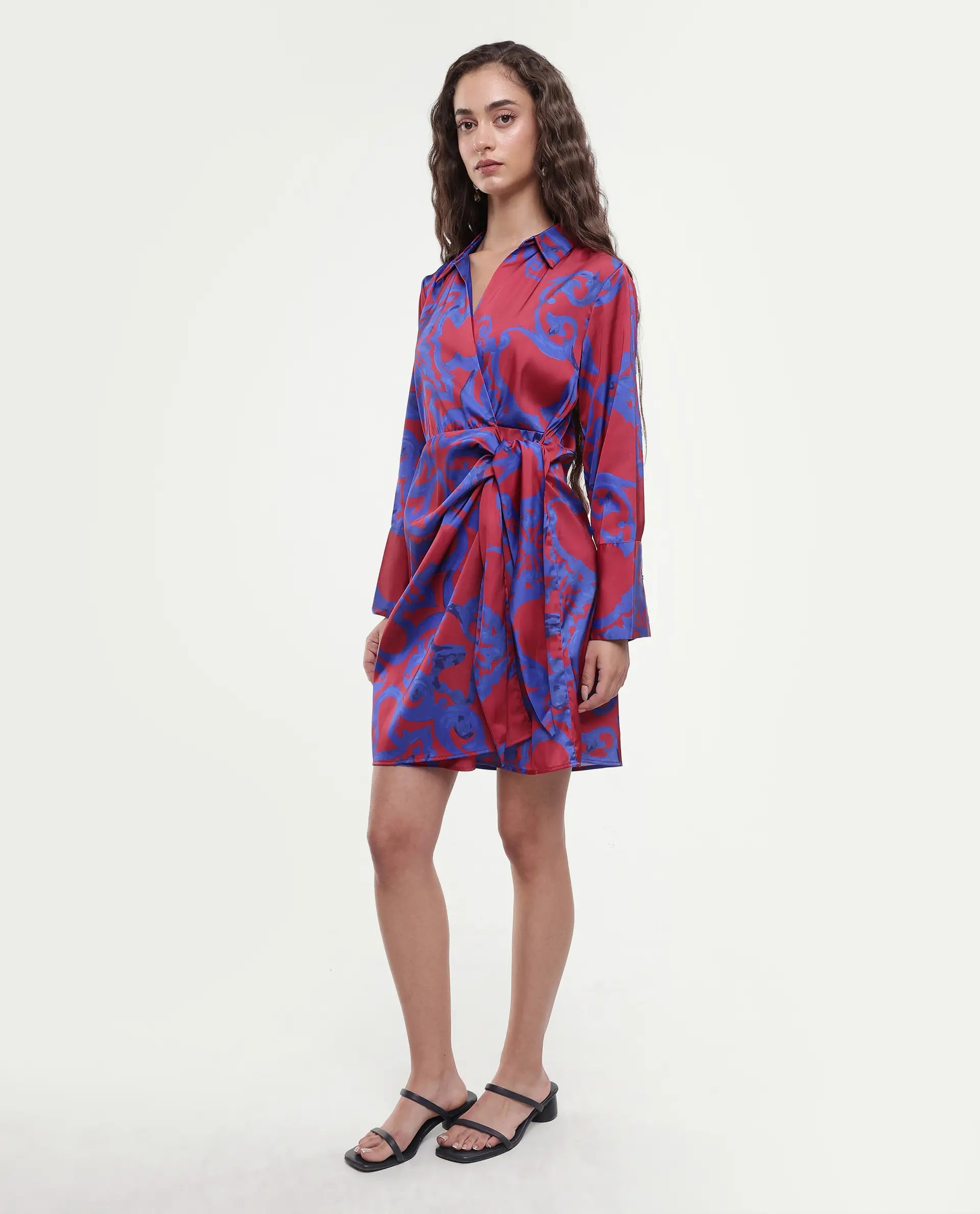 Rareism Women's Cager Red Polyester Blend Drop Collar Abstract Print Cuffed Sleeve Mini Wrap Dress