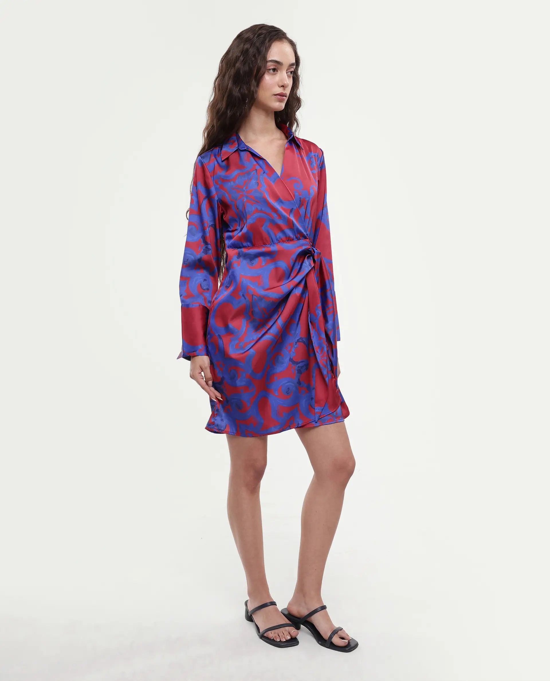 Rareism Women's Cager Red Polyester Blend Drop Collar Abstract Print Cuffed Sleeve Mini Wrap Dress