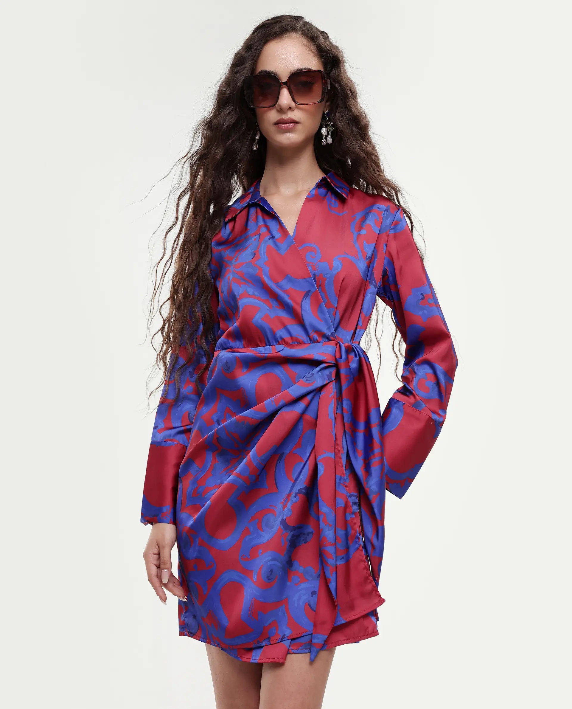 Rareism Women's Cager Red Polyester Blend Drop Collar Abstract Print Cuffed Sleeve Mini Wrap Dress