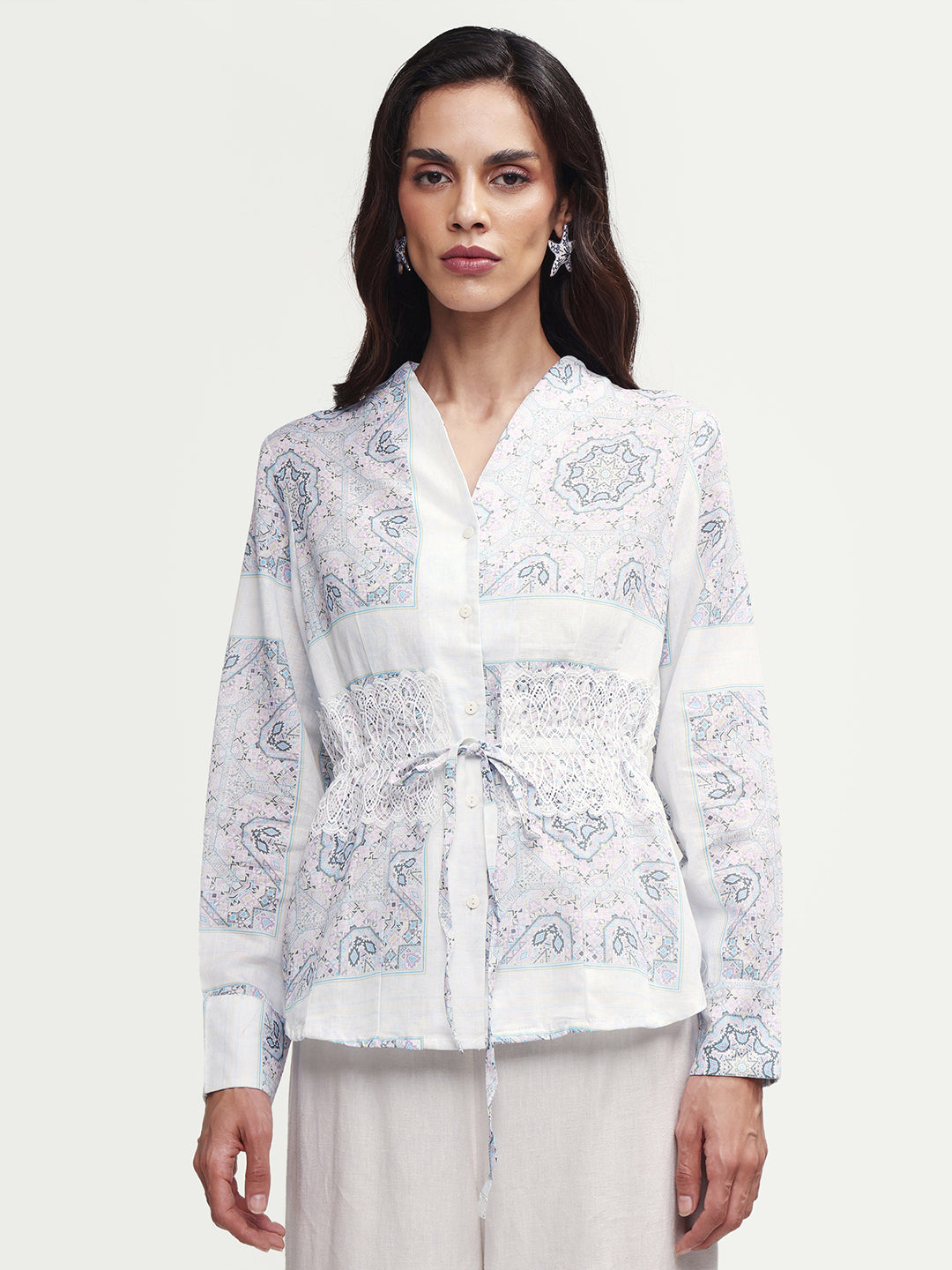 Rareism Women's Chanteo Light Multi Cotton Blend V-Neck Abstract Print Cuffed Sleeve Regular Fit Top