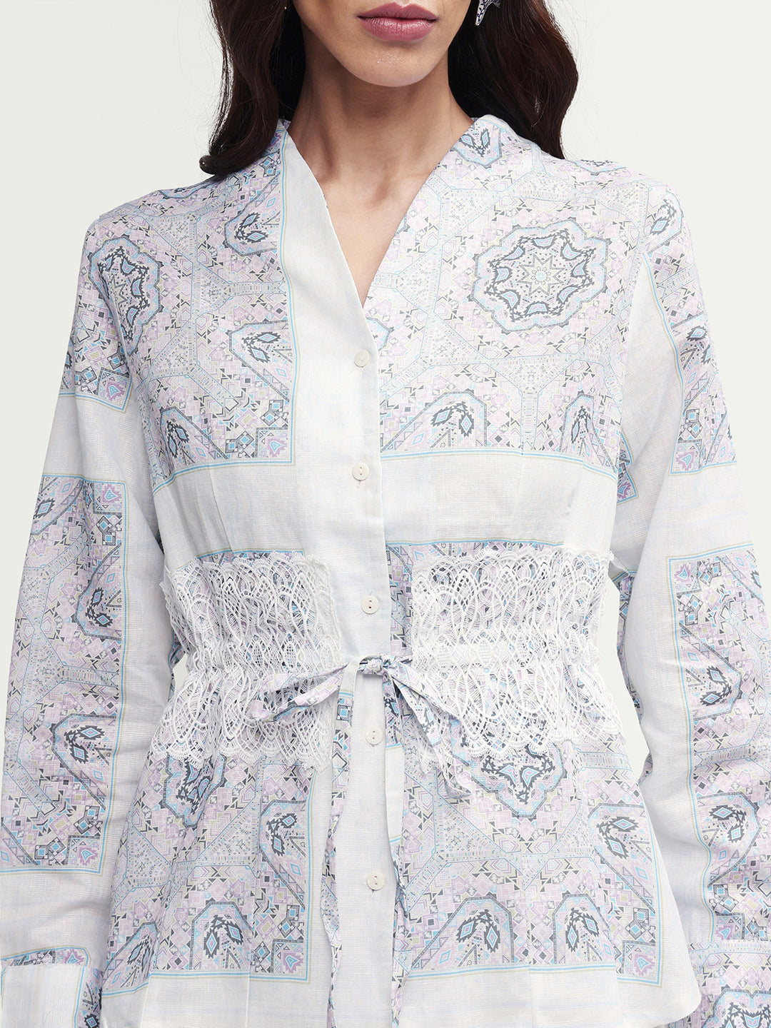 Rareism Women's Chanteo Light Multi Cotton Blend V-Neck Abstract Print Cuffed Sleeve Regular Fit Top
