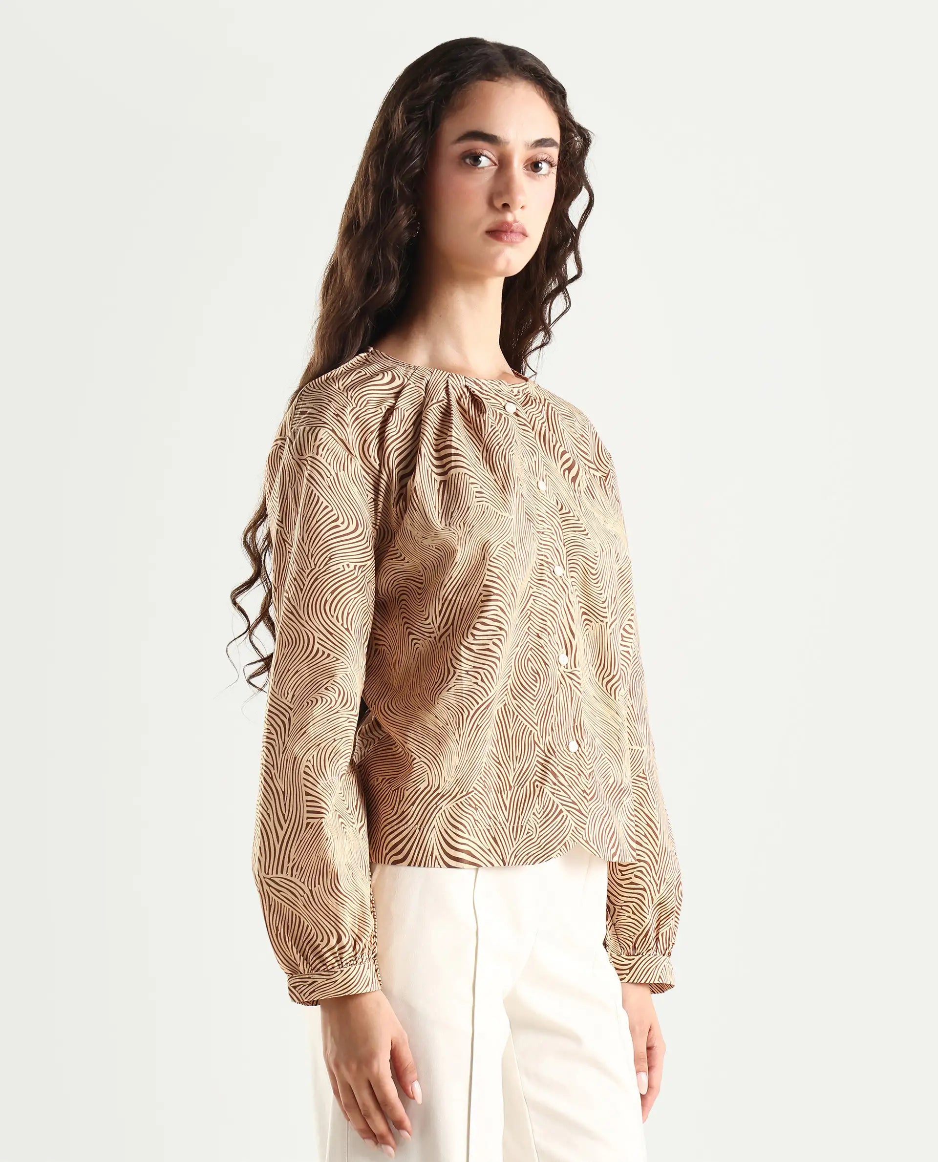 Rareism Women's Jaylone Sc Beige Cotton Crew Neck Geometric Print Cuffed Sleeve Regular Fit Top