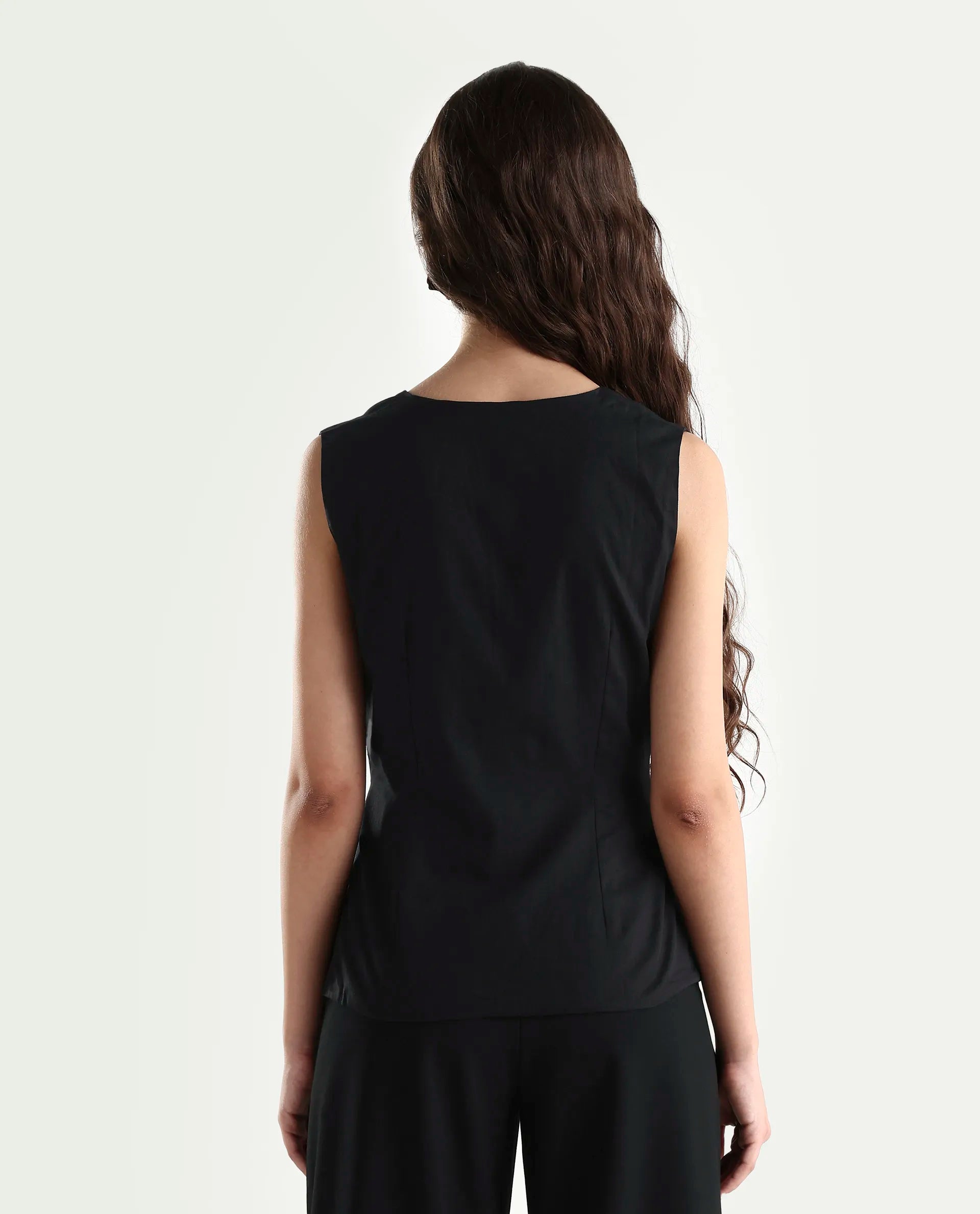 Rareism Women's Minato Black Cotton Blend Overlap Neck Plain Sleeveless Regular Fit Top