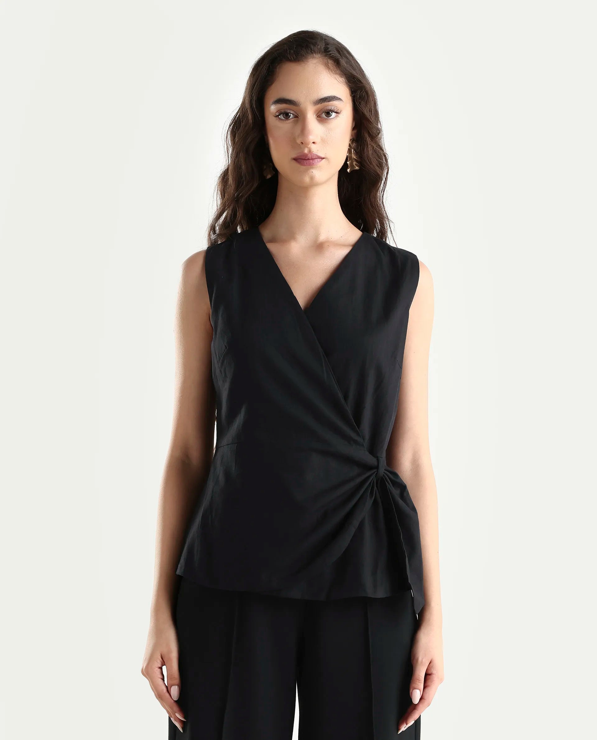 Rareism Women's Minato Black Cotton Blend Overlap Neck Plain Sleeveless Regular Fit Top