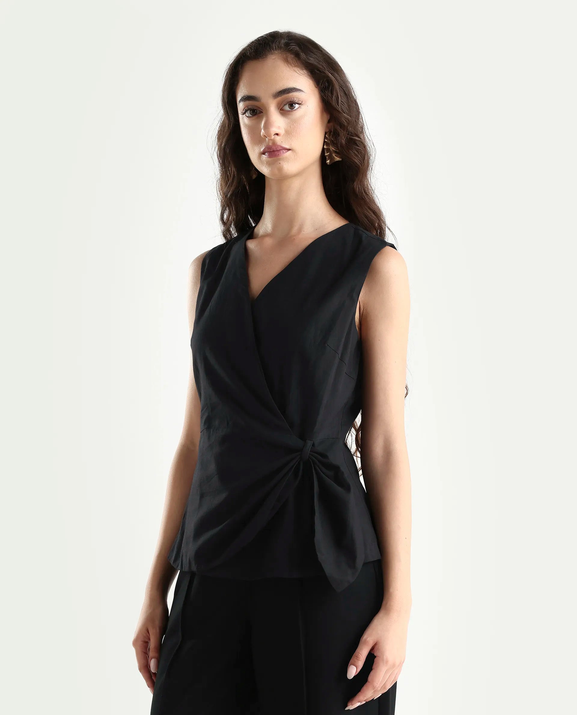Rareism Women's Minato Black Cotton Blend Overlap Neck Plain Sleeveless Regular Fit Top