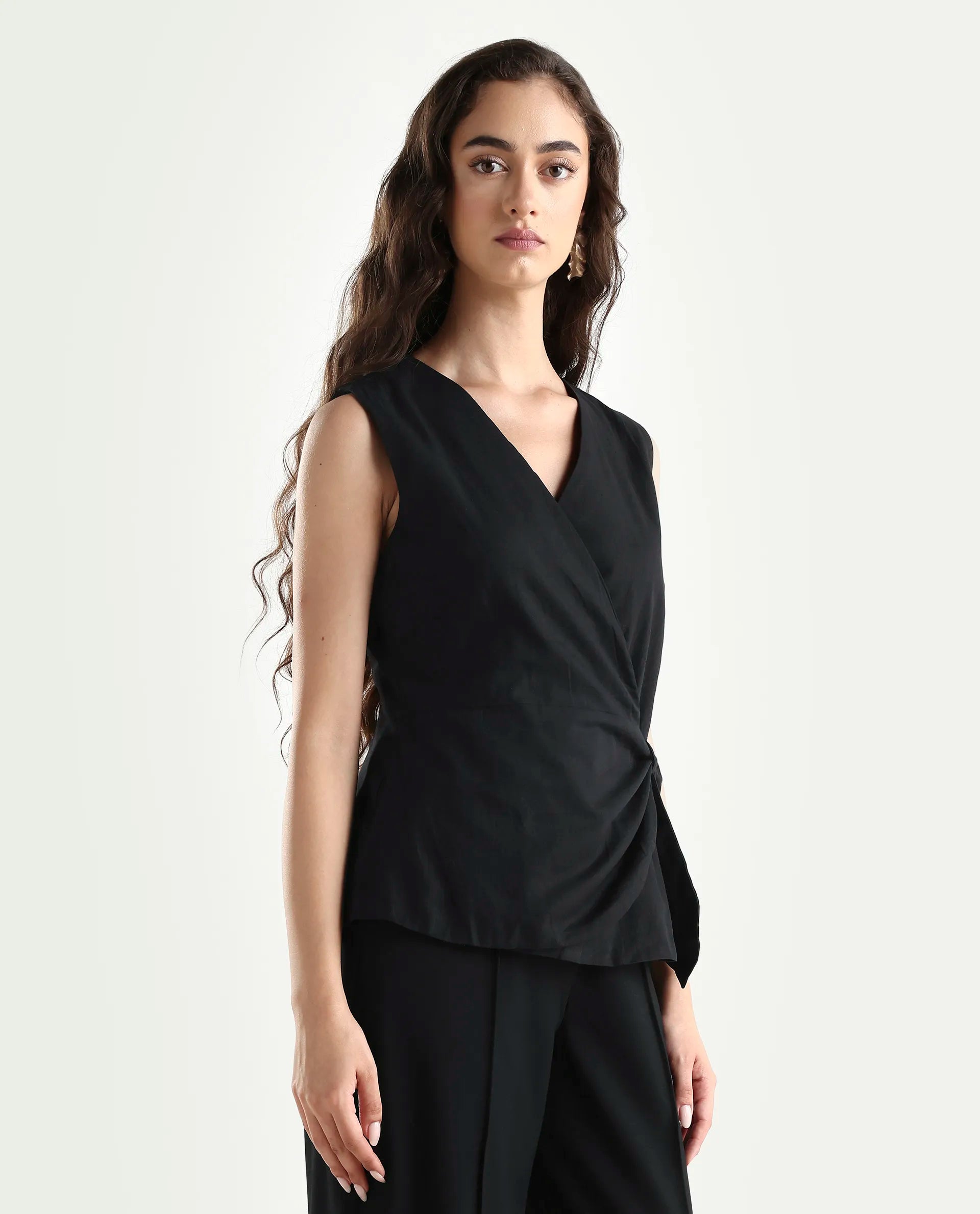 Rareism Women's Minato Black Cotton Blend Overlap Neck Plain Sleeveless Regular Fit Top