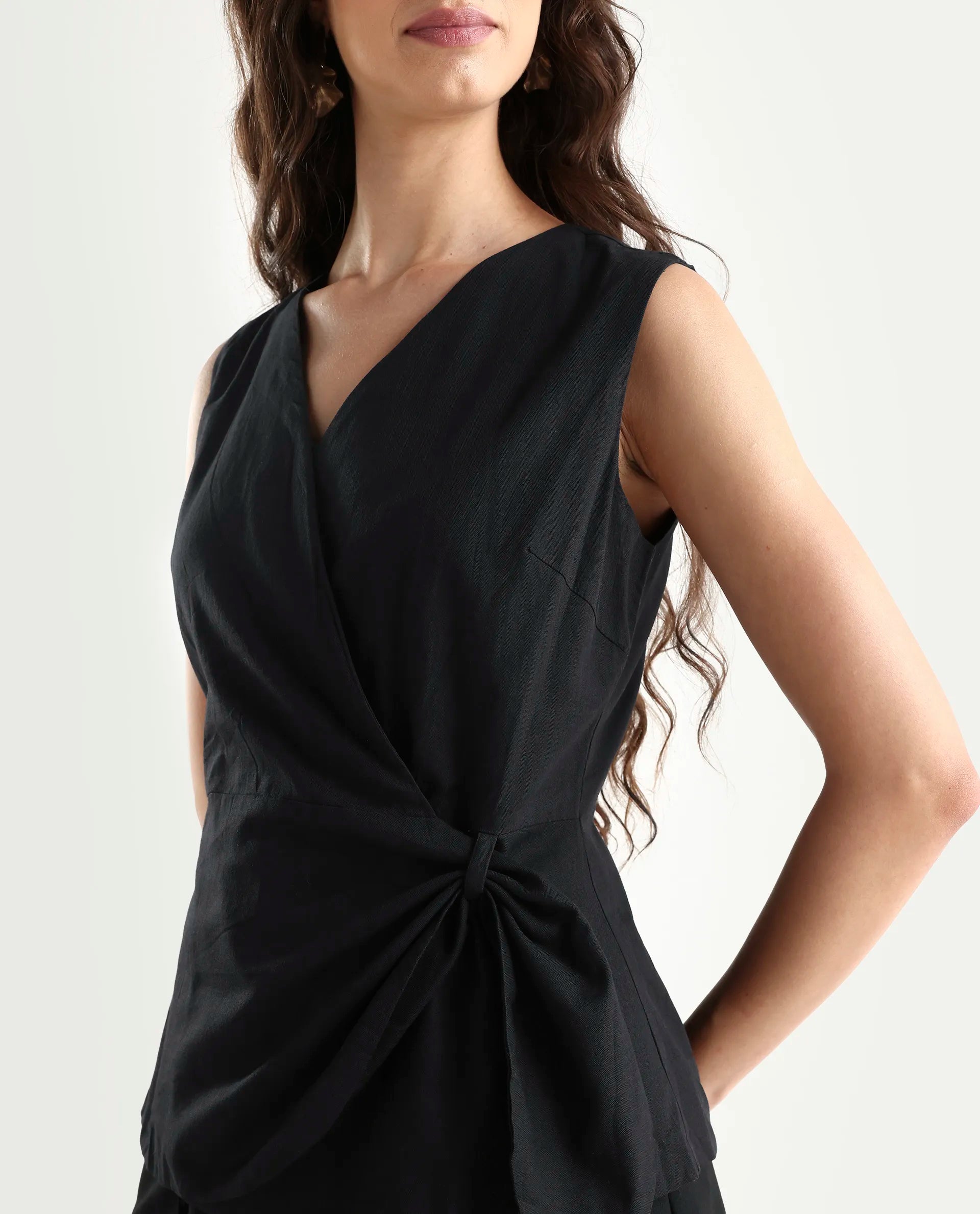Rareism Women's Minato Black Cotton Blend Overlap Neck Plain Sleeveless Regular Fit Top