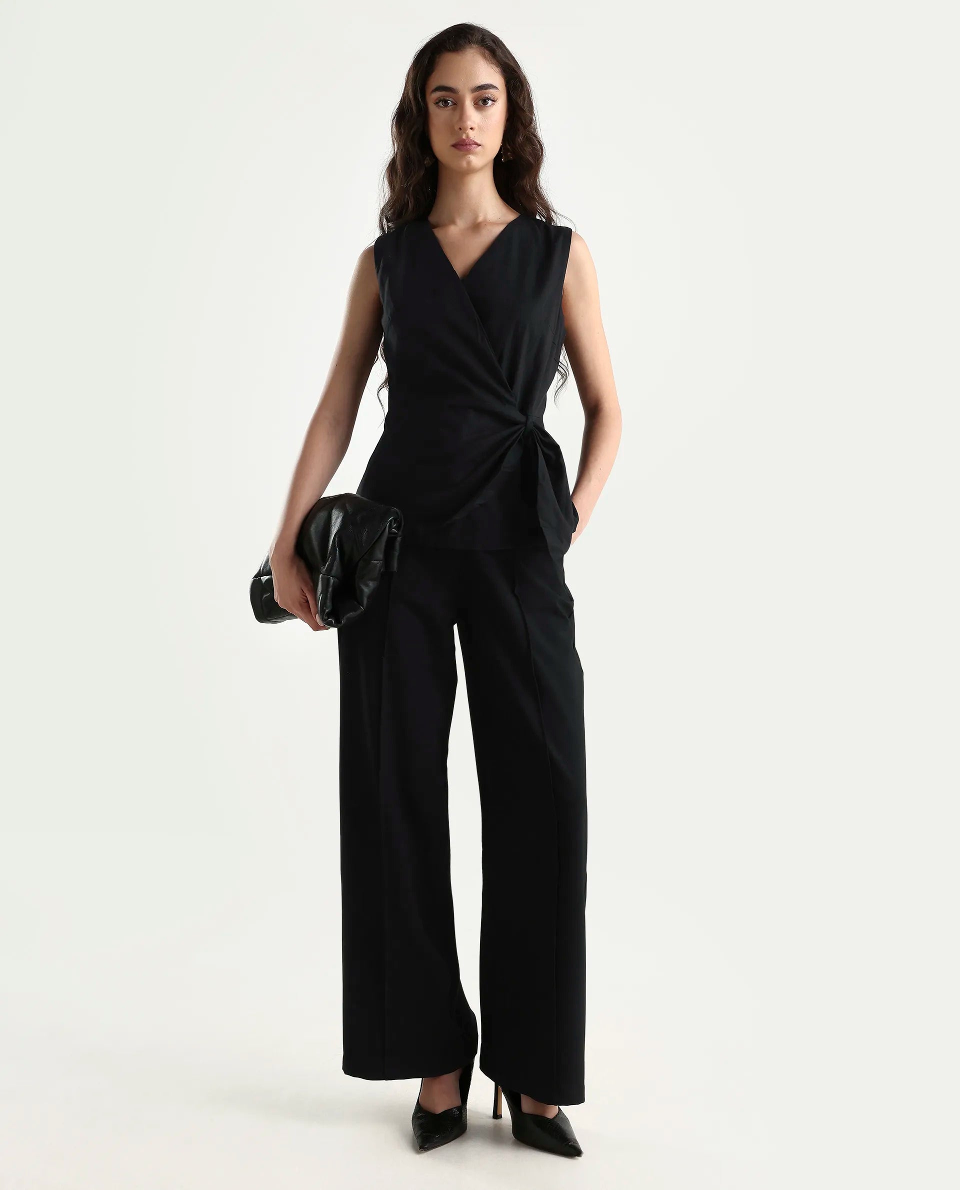 Rareism Women's Minato Black Cotton Blend Overlap Neck Plain Sleeveless Regular Fit Top