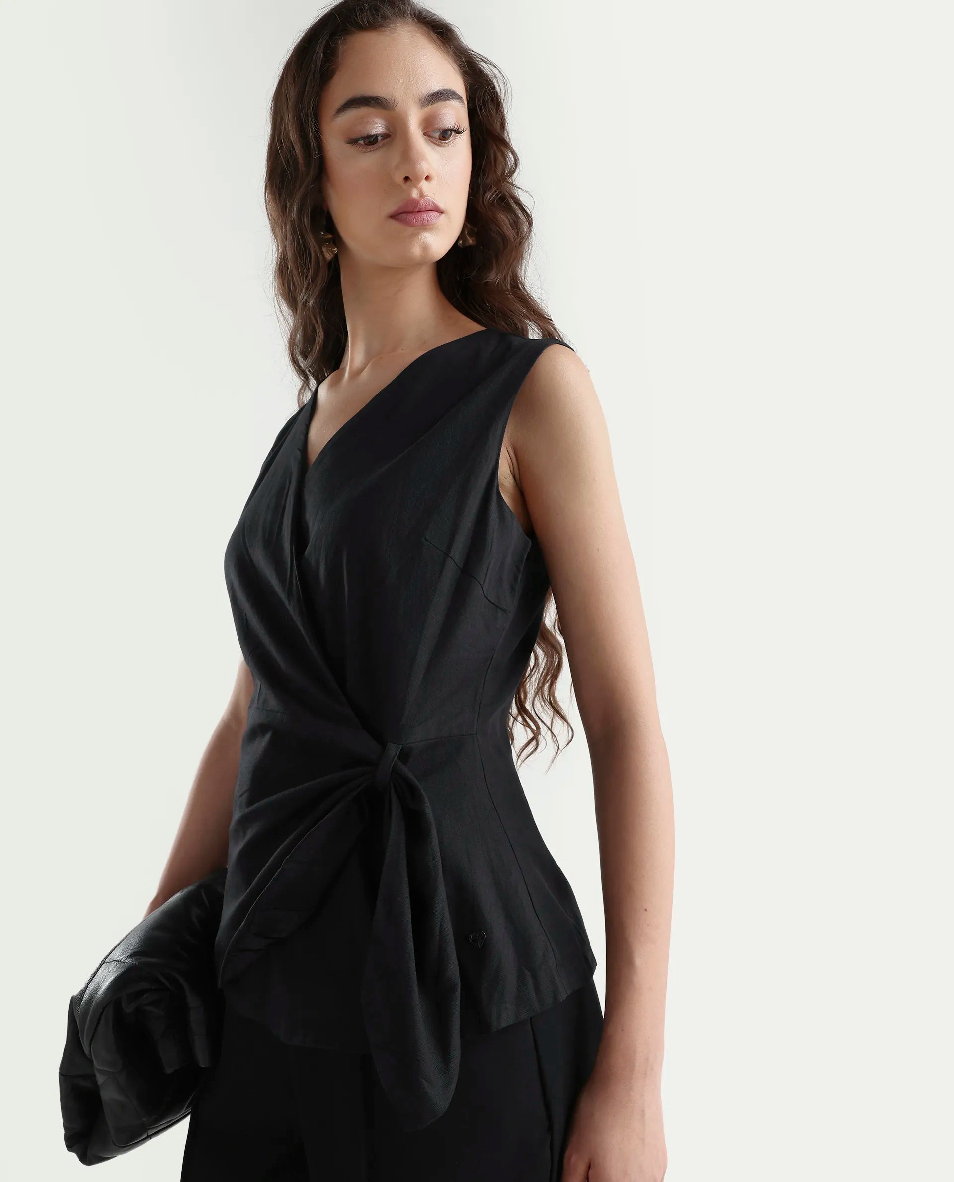 Rareism Women's Minato Black Cotton Blend Overlap Neck Plain Sleeveless Regular Fit Top