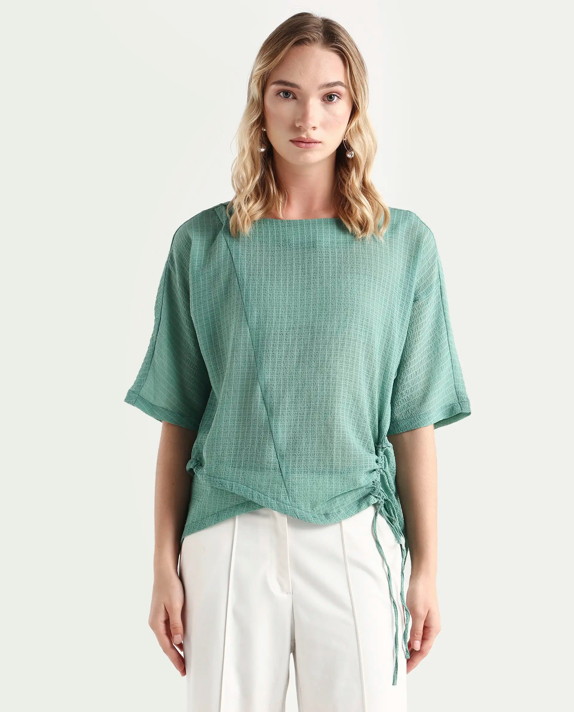 Rareism Women's Texmer Green Cotton Boat Neck Plain Regular Fit Top