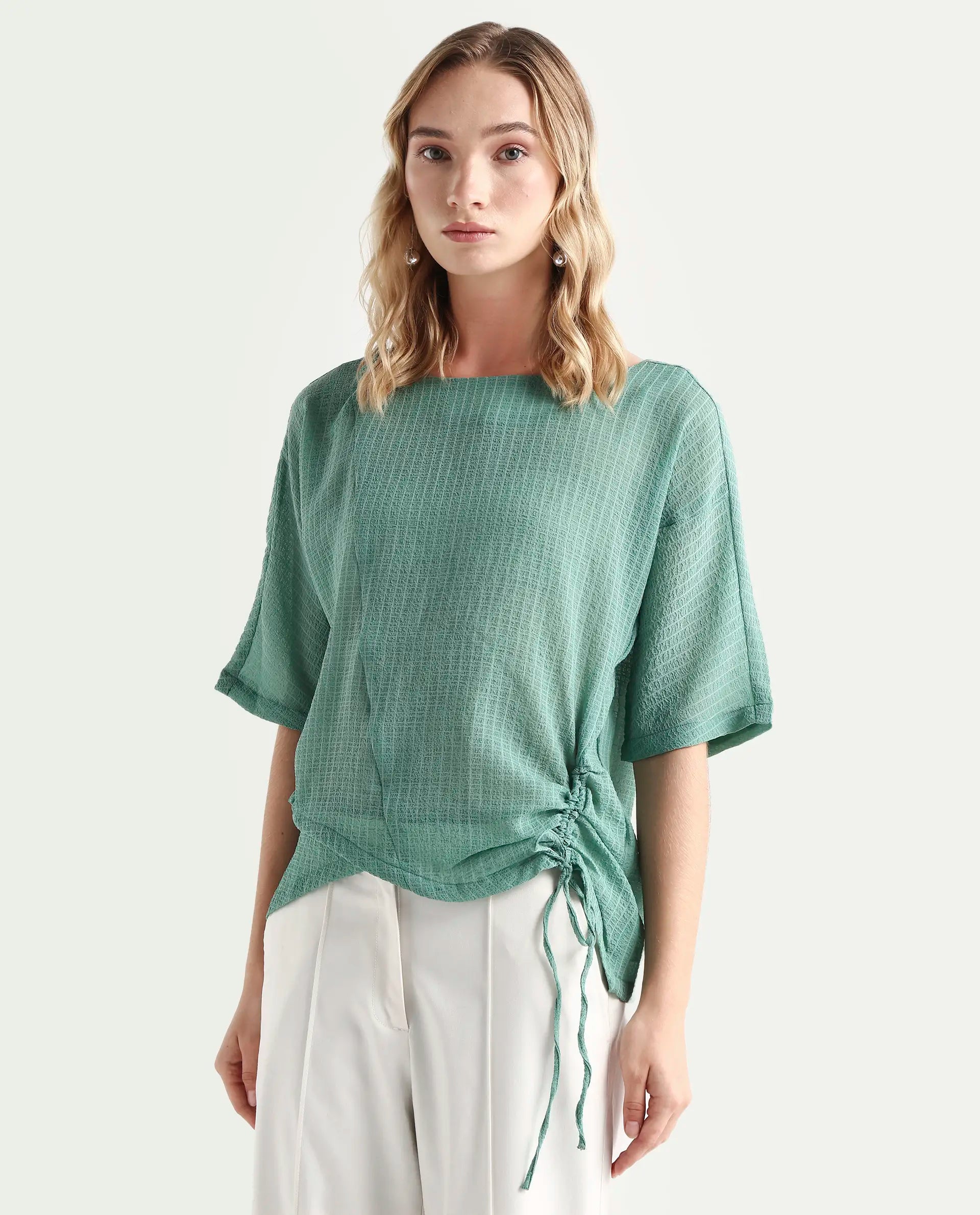 Rareism Women's Texmer Green Cotton Boat Neck Plain Regular Fit Top