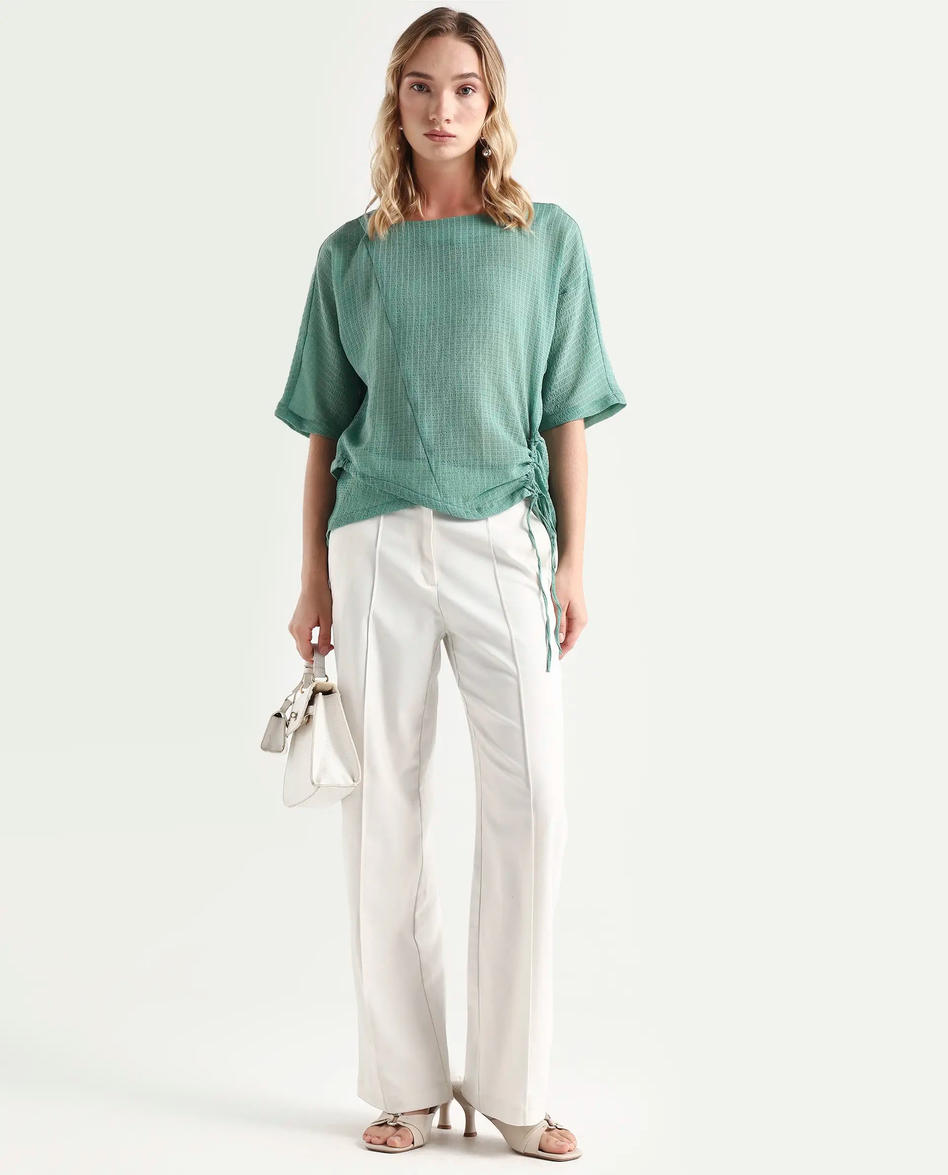 Rareism Women's Texmer Green Cotton Boat Neck Plain Regular Fit Top